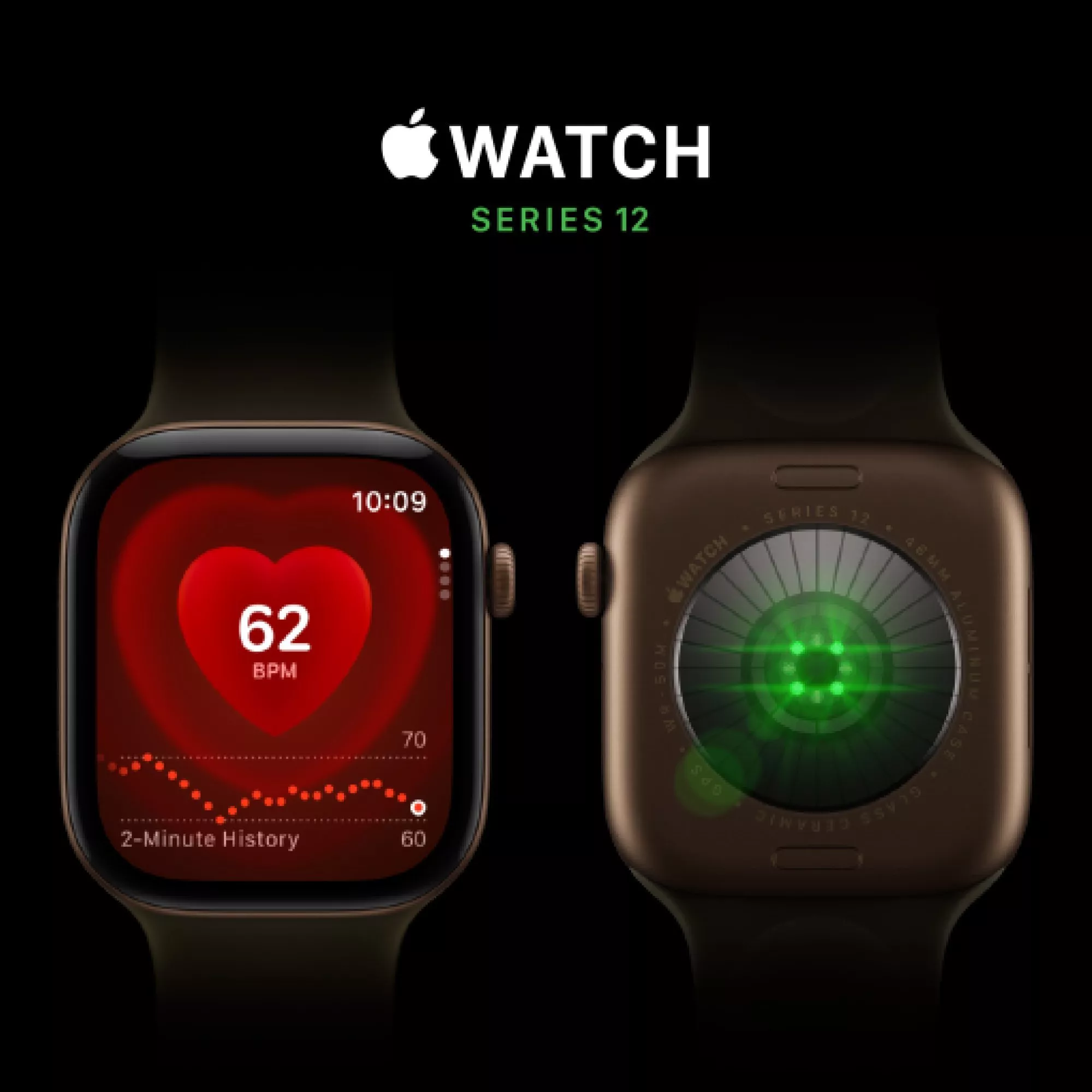 Apple Watch Series 12 promotional image showing heart rate screen and rear sensor on dark background