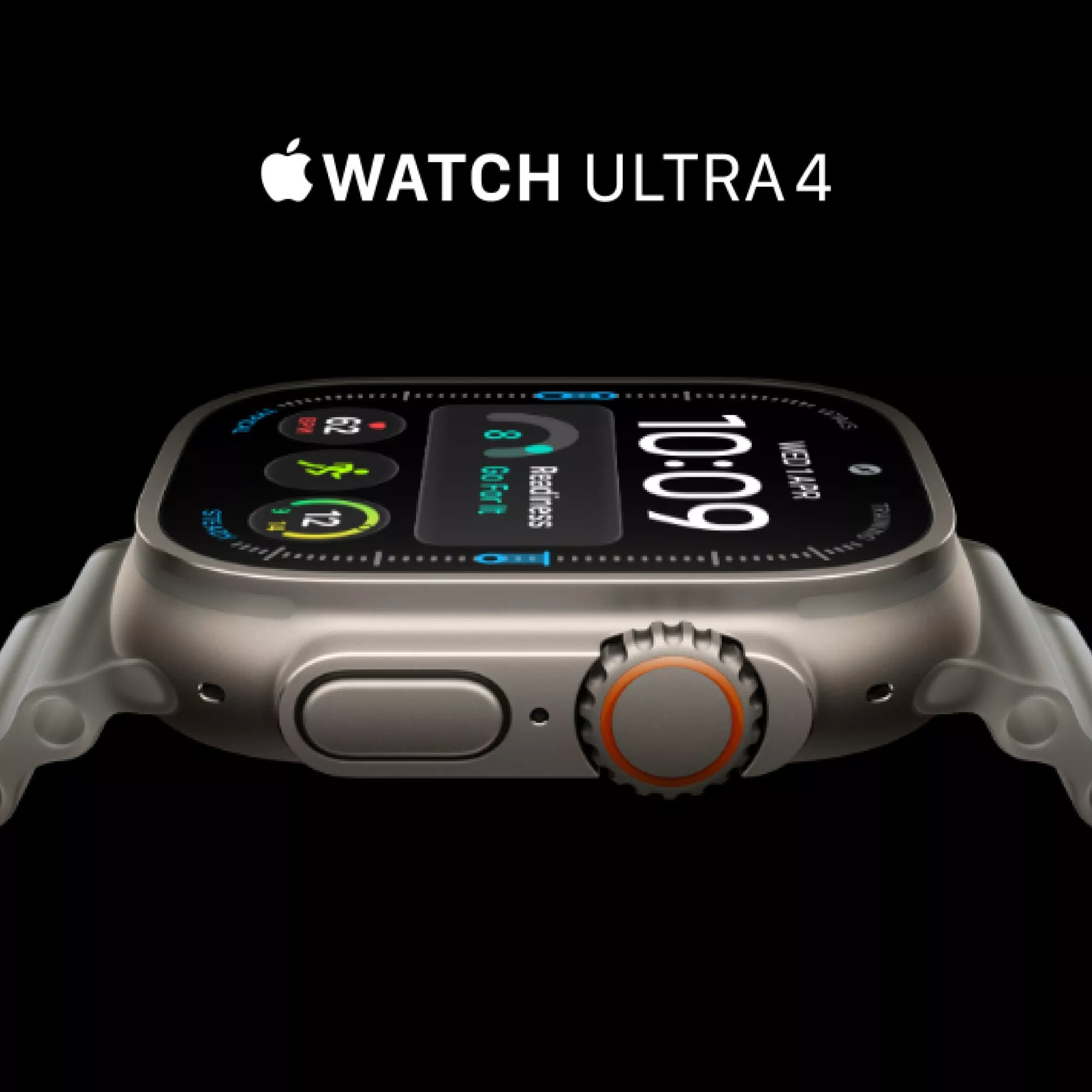 Apple Watch Ultra 4 product image showing rugged titanium case, digital crown and bright fitness display on black background