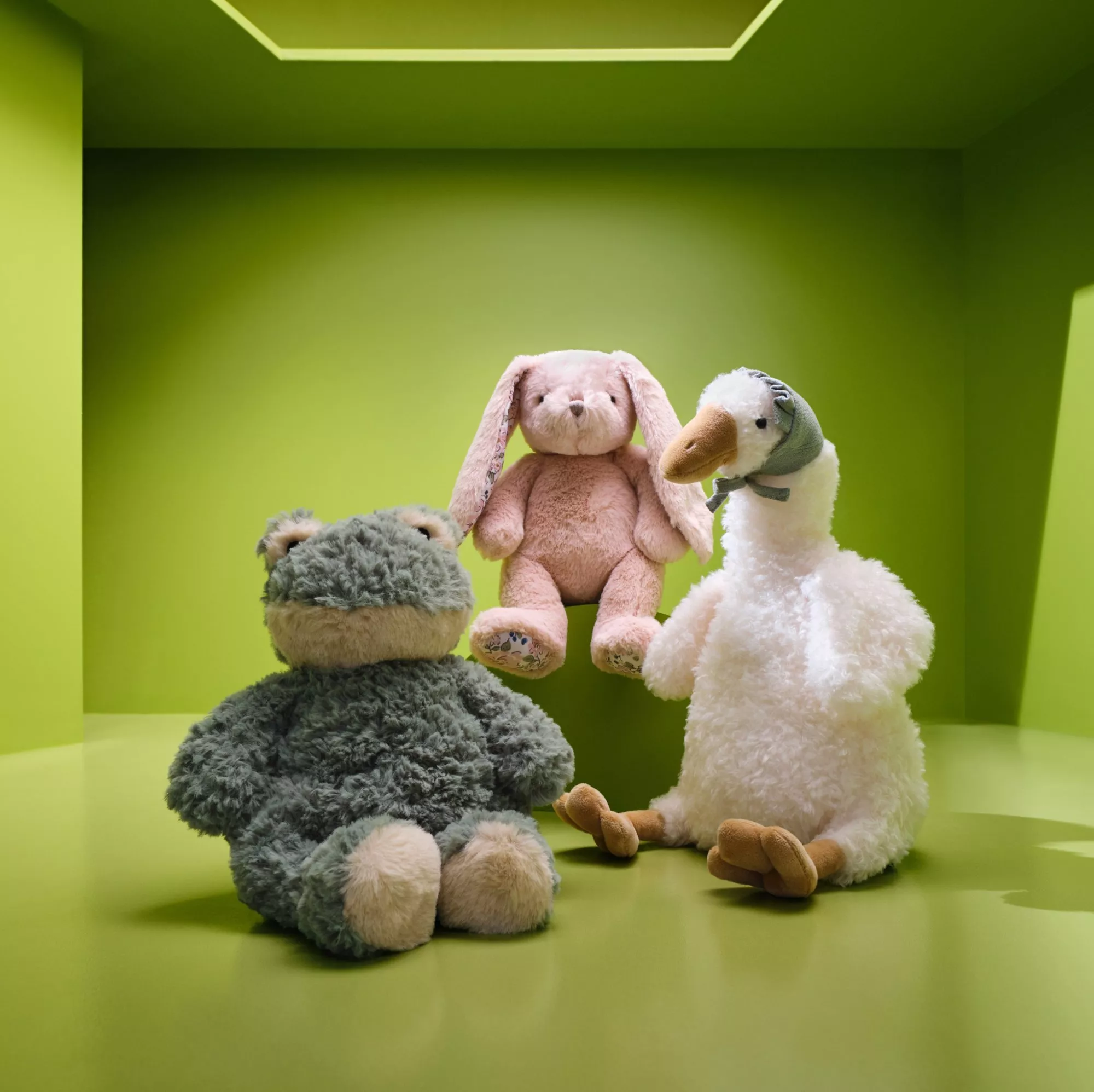 Soft plush bunny, duck and frog toys on a lime green background