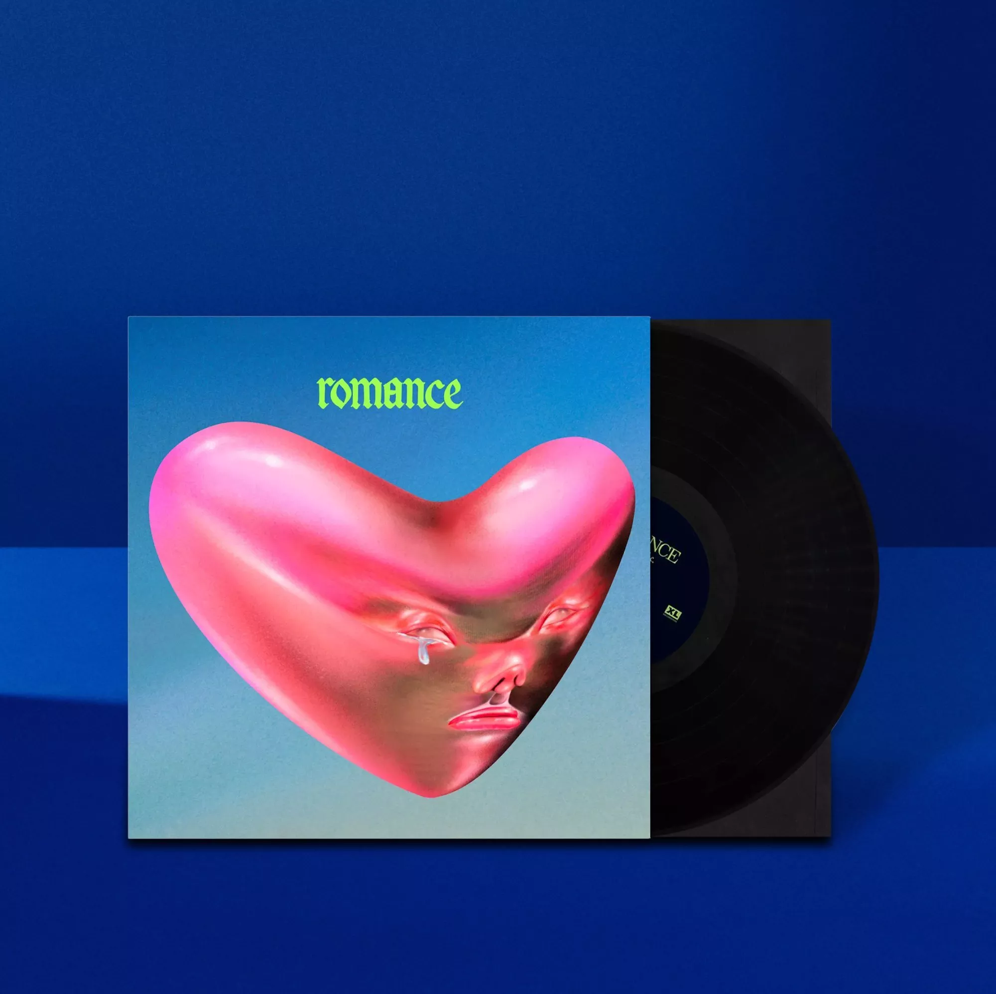 Rough Trade Fontaines D.C. Romance Vinyl Record on a blue backgorud