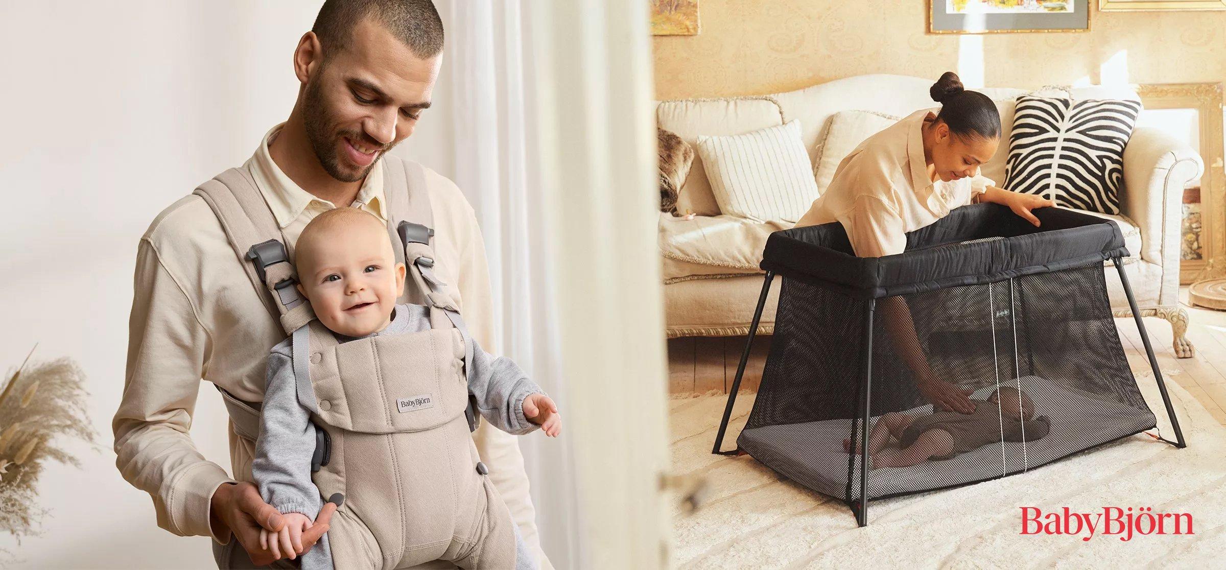 Image of a dad carrying a baby in a carrier and a lady setting up the Baby Bjorn travel cot