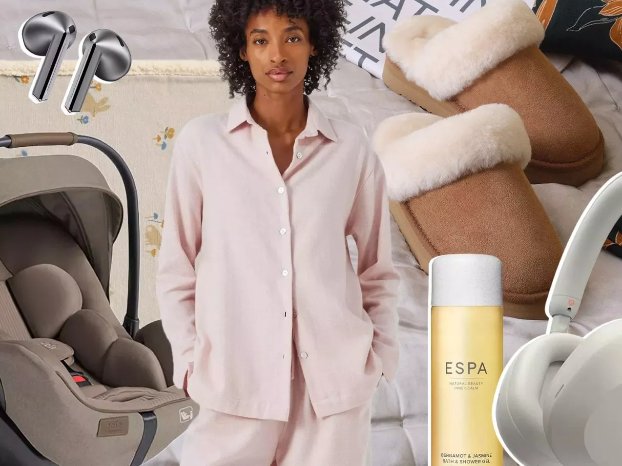 A collage featuring a woman in pink loungewear, slippers, headphones, a car seat, earbuds, and a bottle of shower gel.