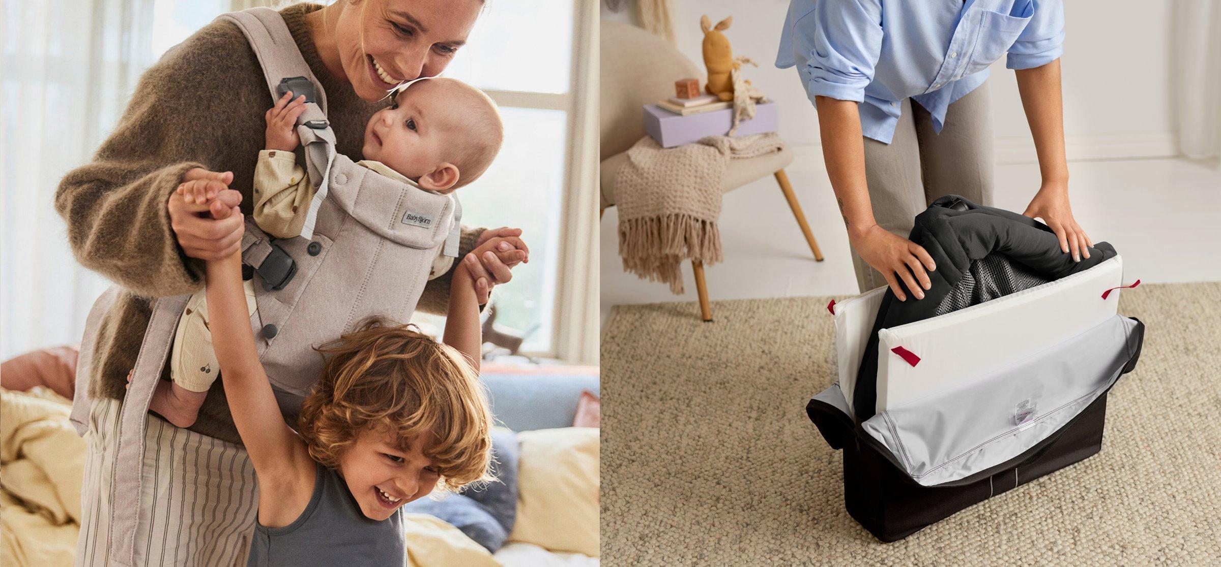 Image of a mum cuddling her child with the baby attached to her in the carrier and an image of a lady pulling the cot out of the travel bag