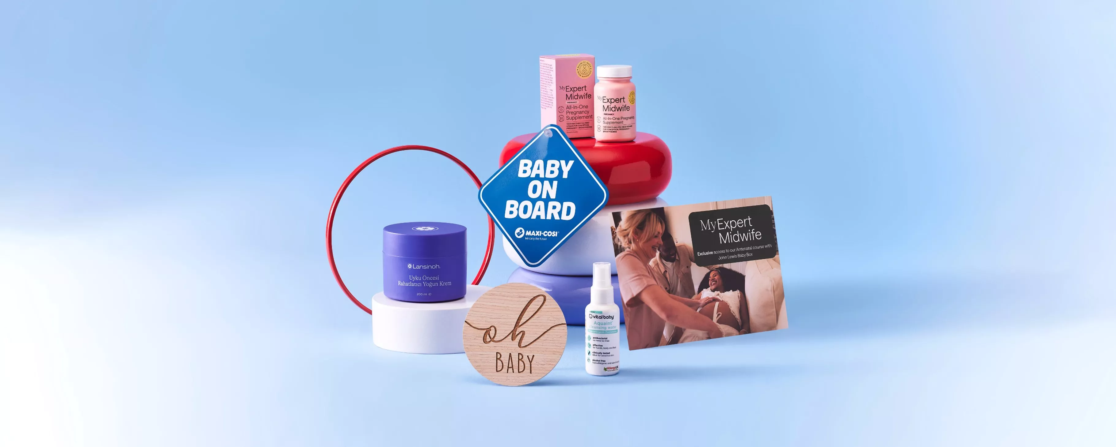 Pregnancy and new baby gift hamper with Baby on Board sign, skincare, supplements, spray and MyExpert Midwife guide