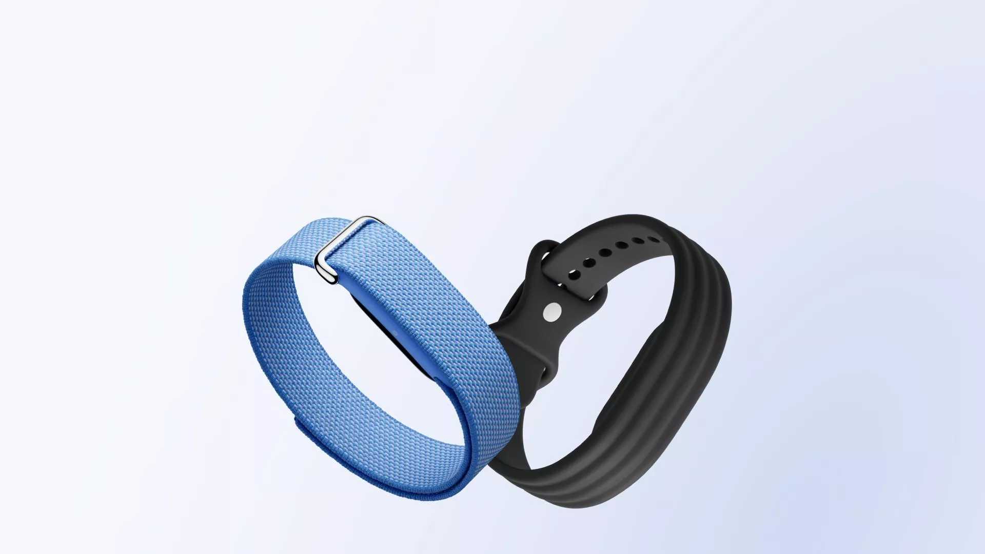 Blue woven nylon and black silicone smart watch straps shown side by side on a clean white background