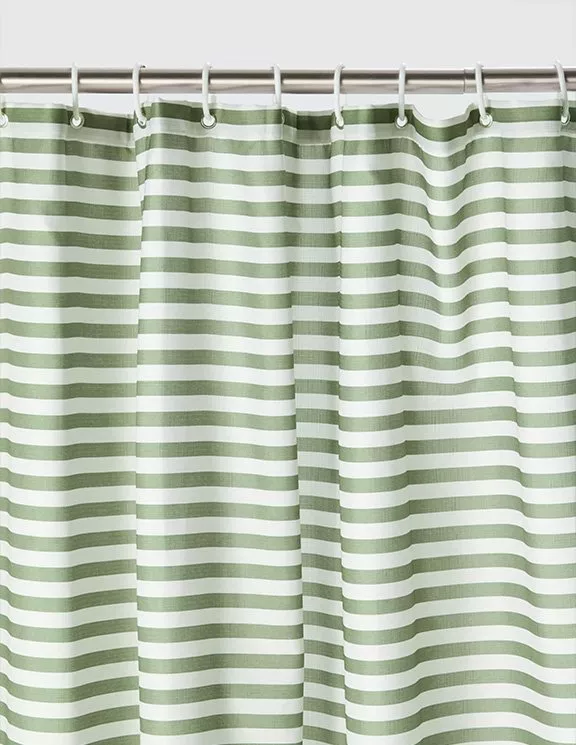 Green and white stripe shower curtain 
