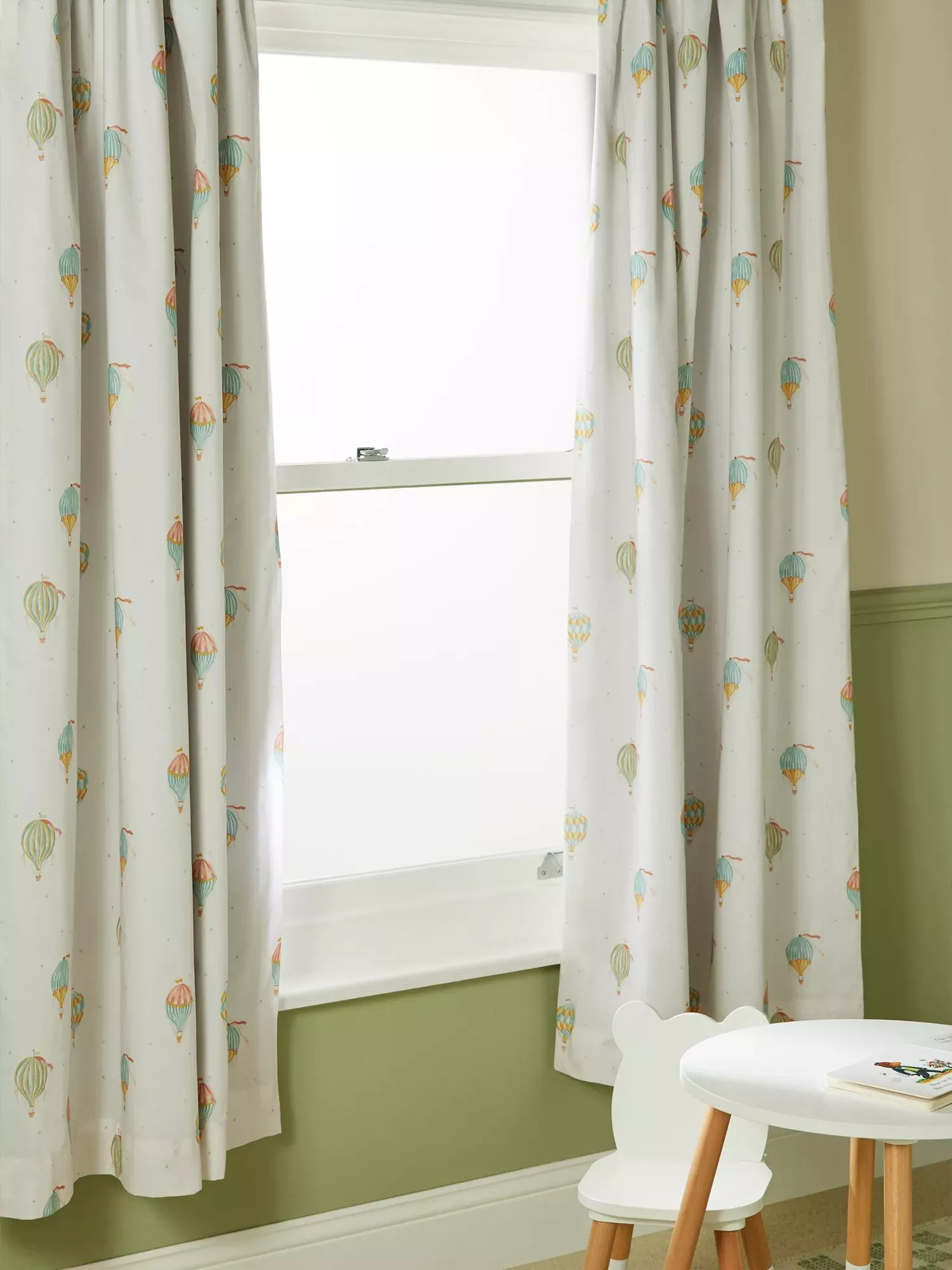 green balloon print curtains