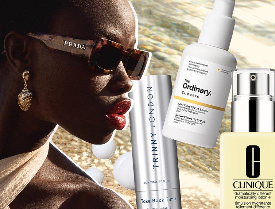 Selection of new in beauty products next to a model