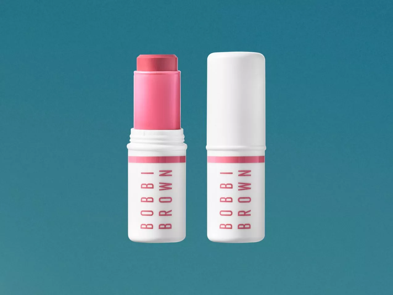 Bobbi Brown cream blush stick in pink, shown open and closed in white packaging on a teal background