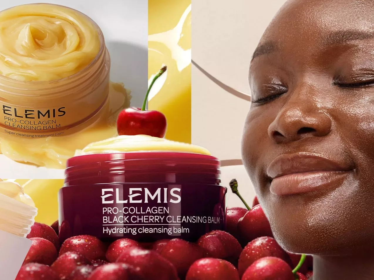 Collage of Elemis cleansing balms with cherries and a smiling person, highlighting skincare indulgence.