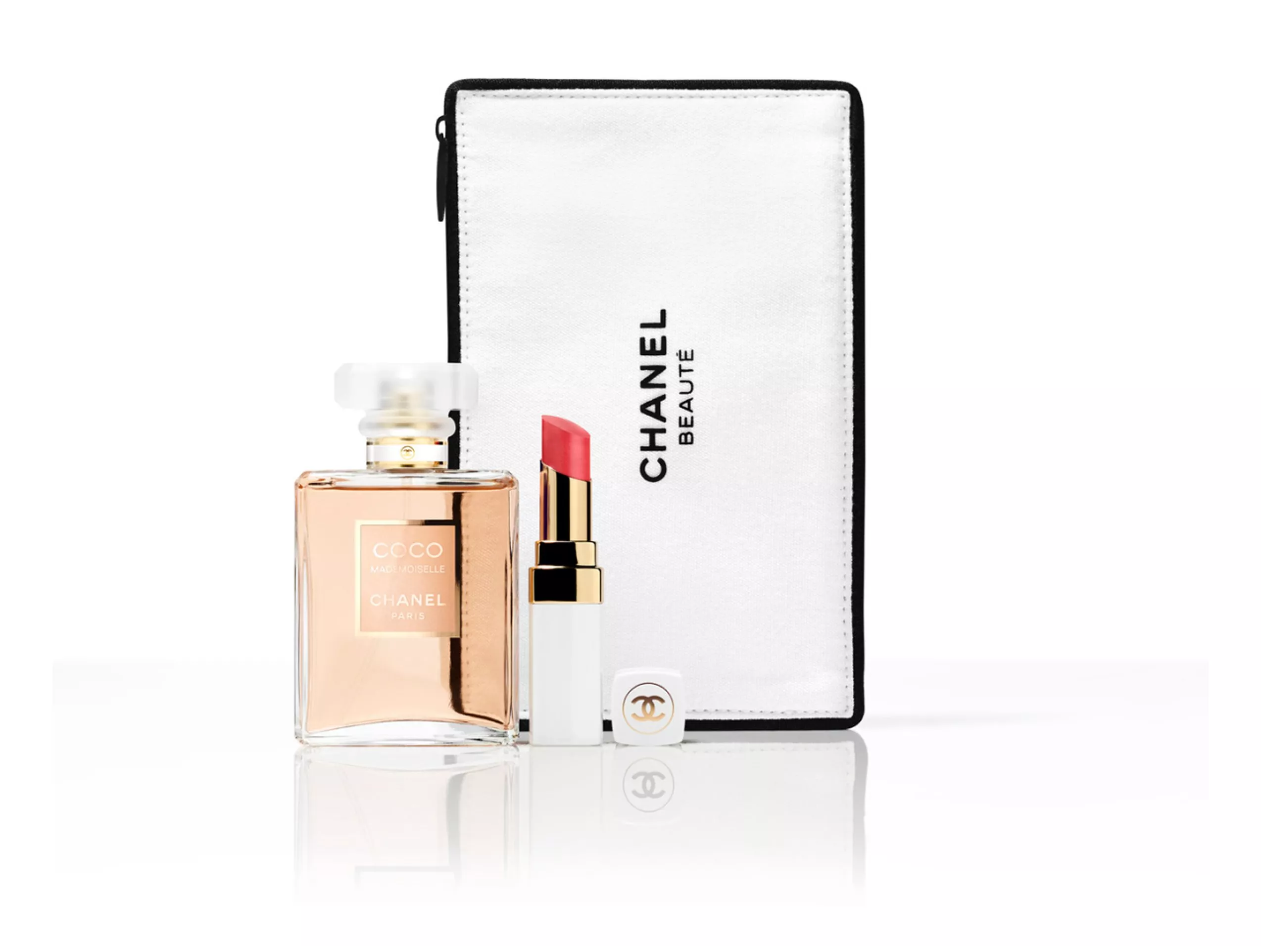 Chanel beauty set featuring Coco Mademoiselle perfume, lipstick, and a white pouch with logo branding.