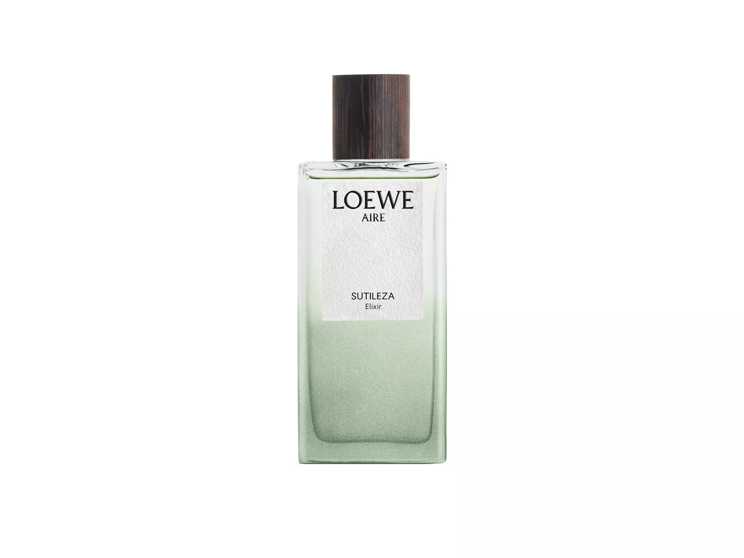 Elegant Loewe Aire perfume bottle with a green gradient, wooden cap, and subtle texture. Ideal for fragrance lovers.