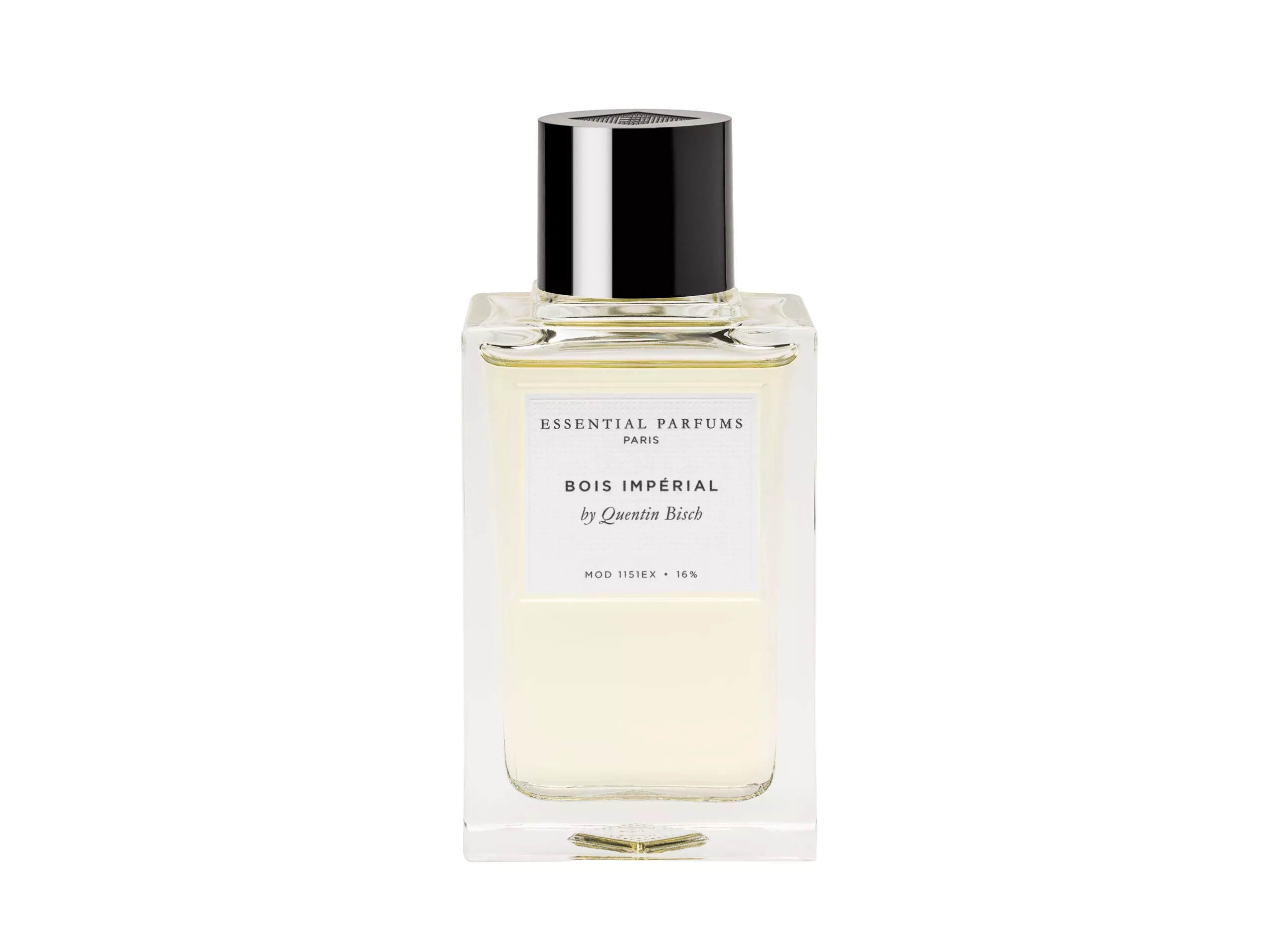 A clear glass bottle of Essential Parfums' Bois Impérial fragrance, featuring a black cap and elegant label.