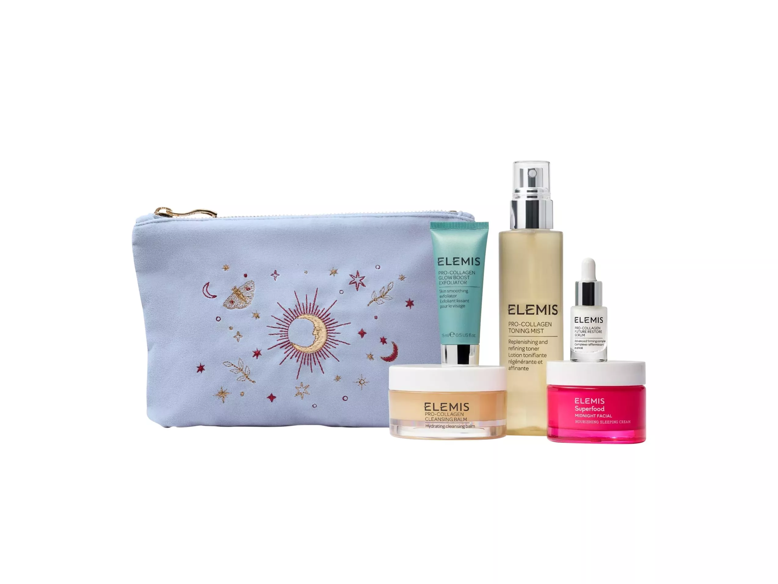 Elemis skincare set with a celestial-themed pouch; includes cleansing balm, toning mist, serum, and facial cream.