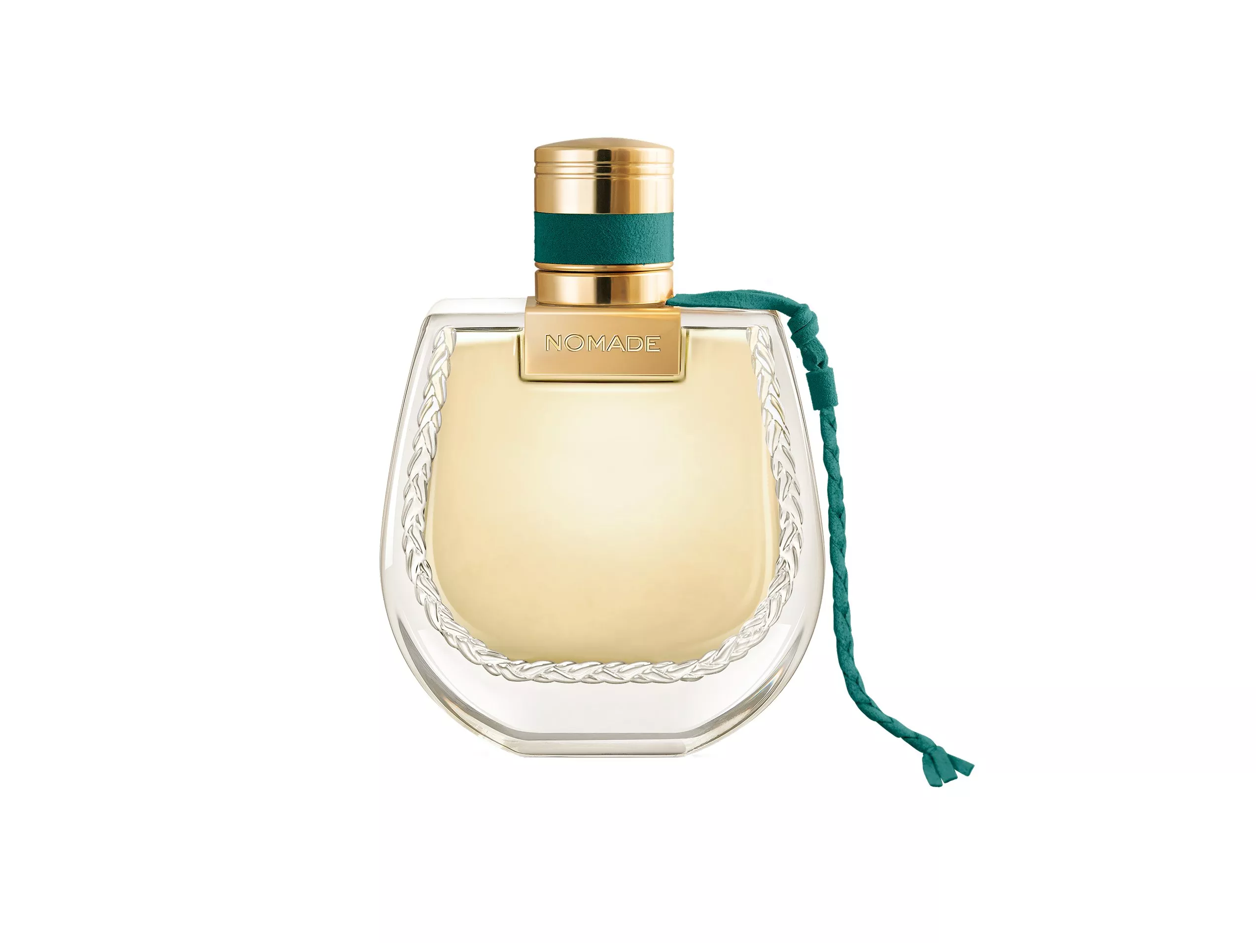 Elegant perfume bottle with gold cap and teal accents, featuring a braided design and clear glass showcasing amber liquid.