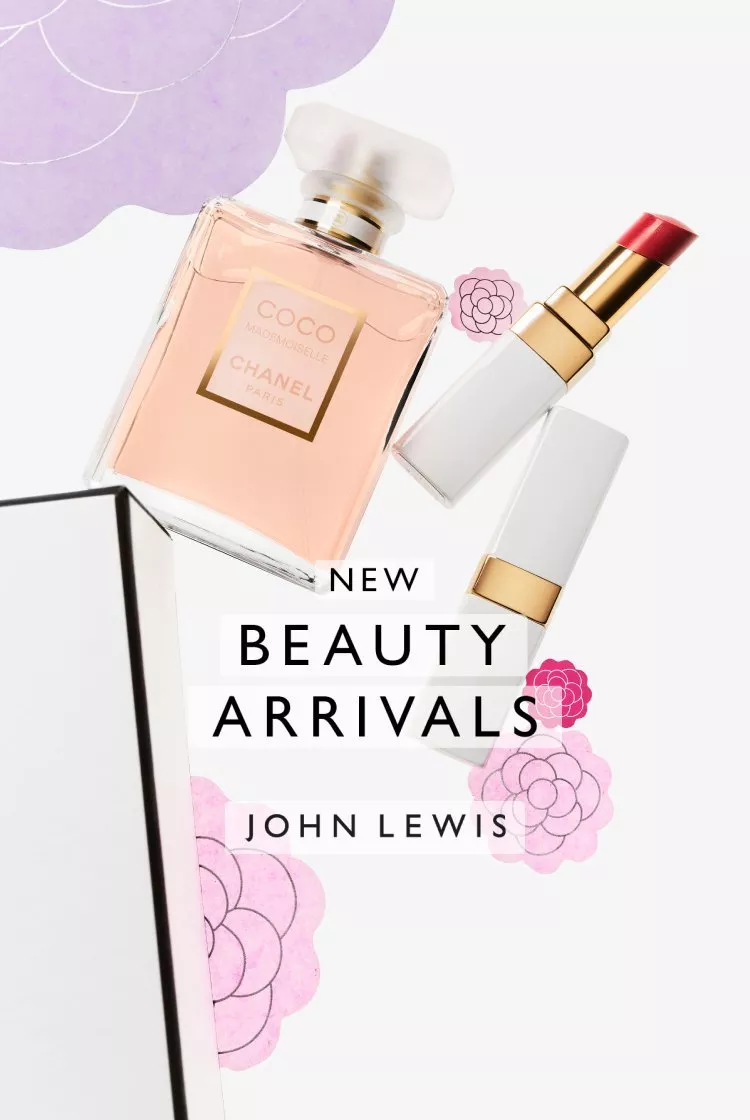 Perfume and lipstick against a floral backdrop, showcasing new beauty arrivals at John Lewis.