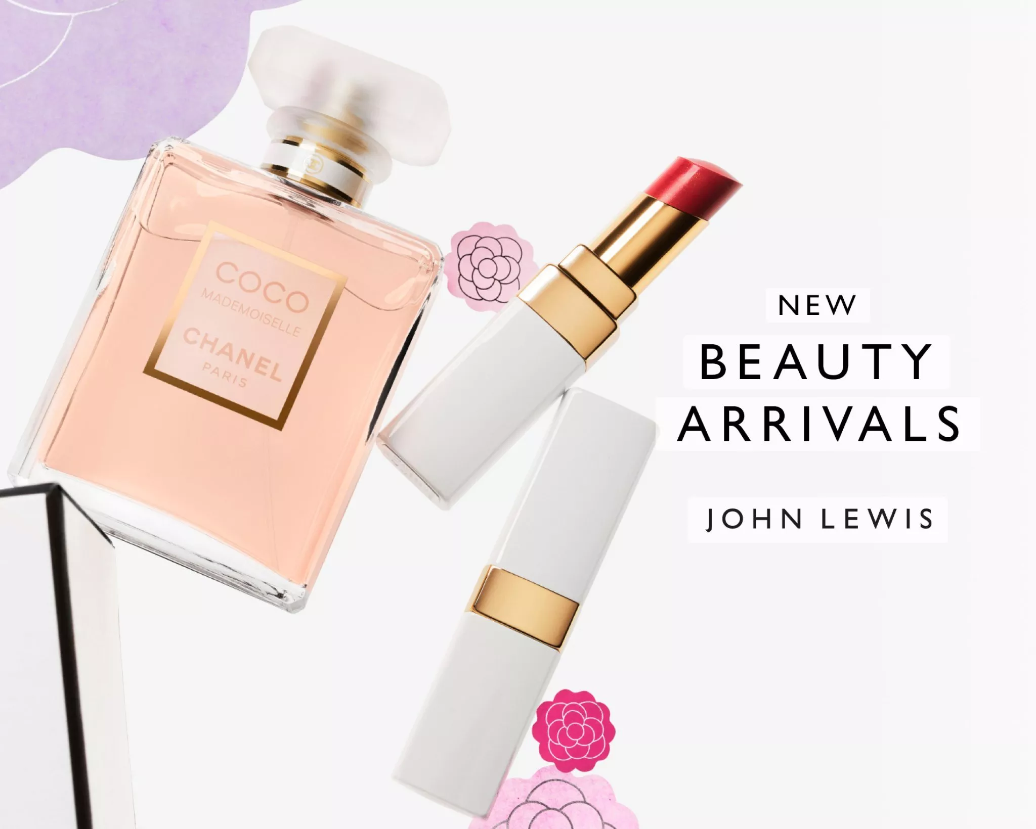 Perfume and lipstick from Chanel showcased as new beauty arrivals at John Lewis, set against a floral backdrop.