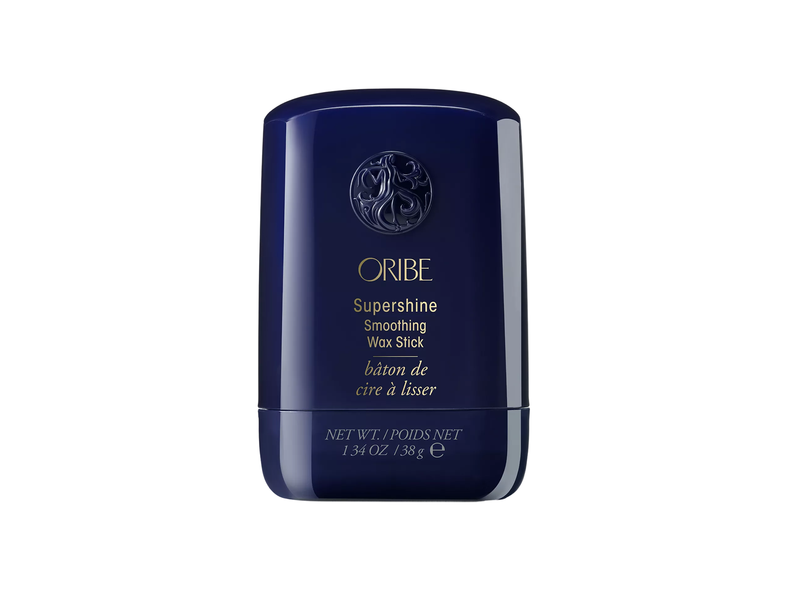 Oribe Supershine Smoothing Wax Stick in navy blue case, hair styling product for sleek flyaway control