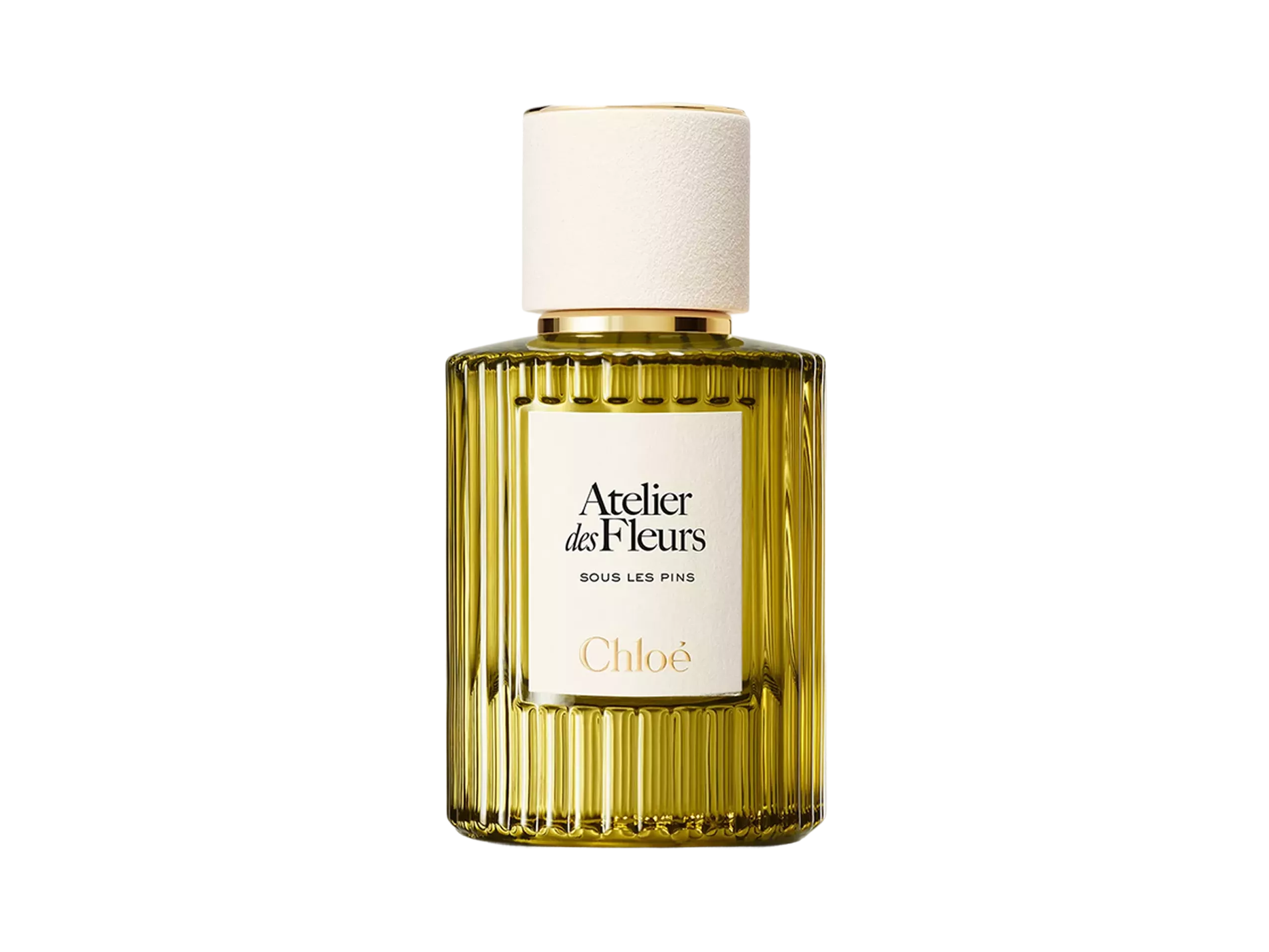 Chloé Atelier des Fleurs Sous Les Pins perfume bottle with ribbed glass and cream cap, product close-up