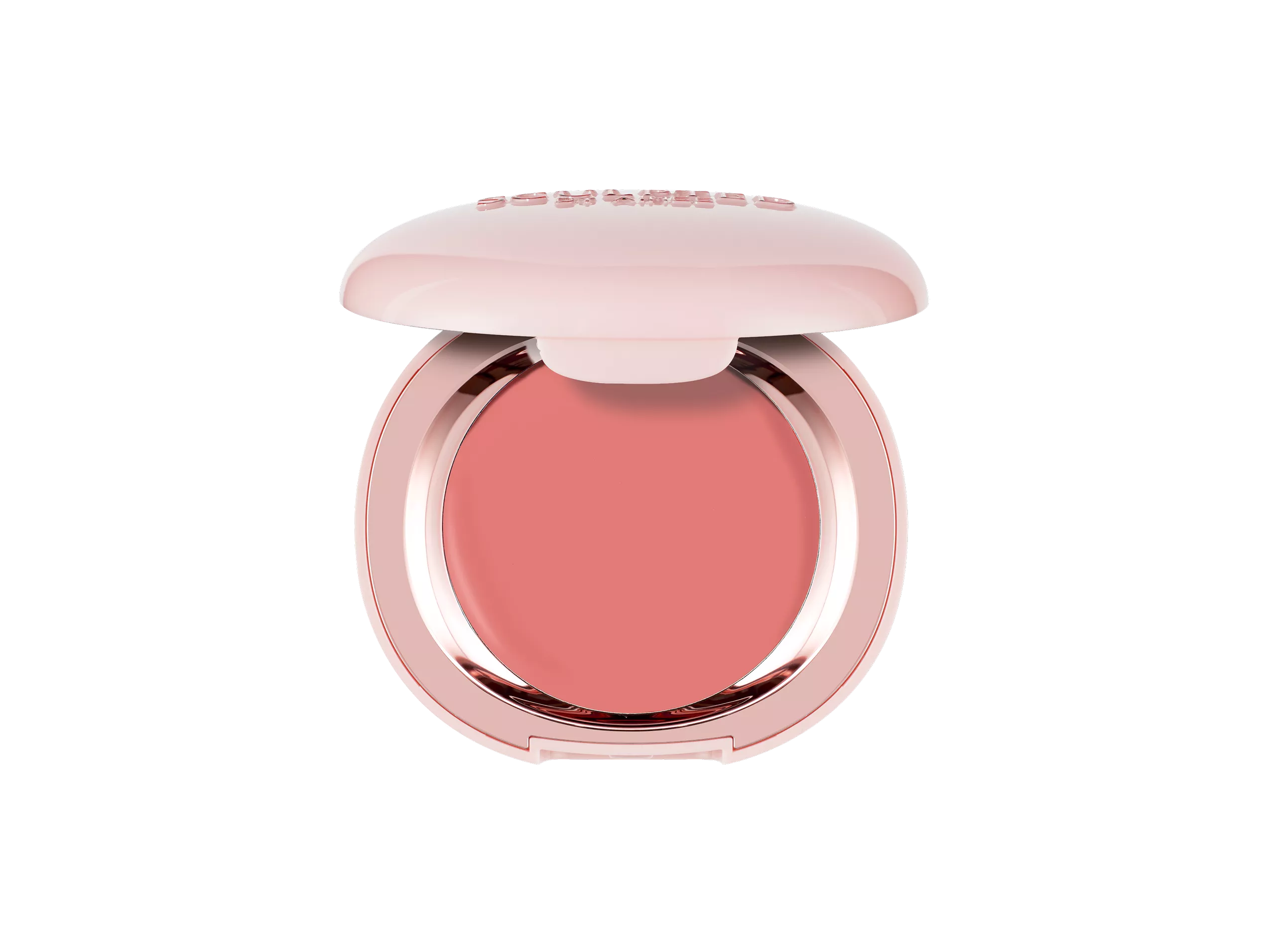 Open rose-gold compact with coral cream blusher, luxury make-up product