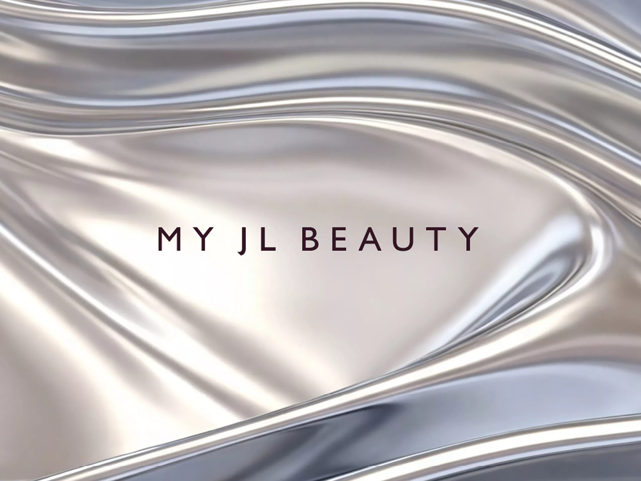 MY JL BEAUTY logo on glossy silver satin background, luxury skincare and beauty brand banner design