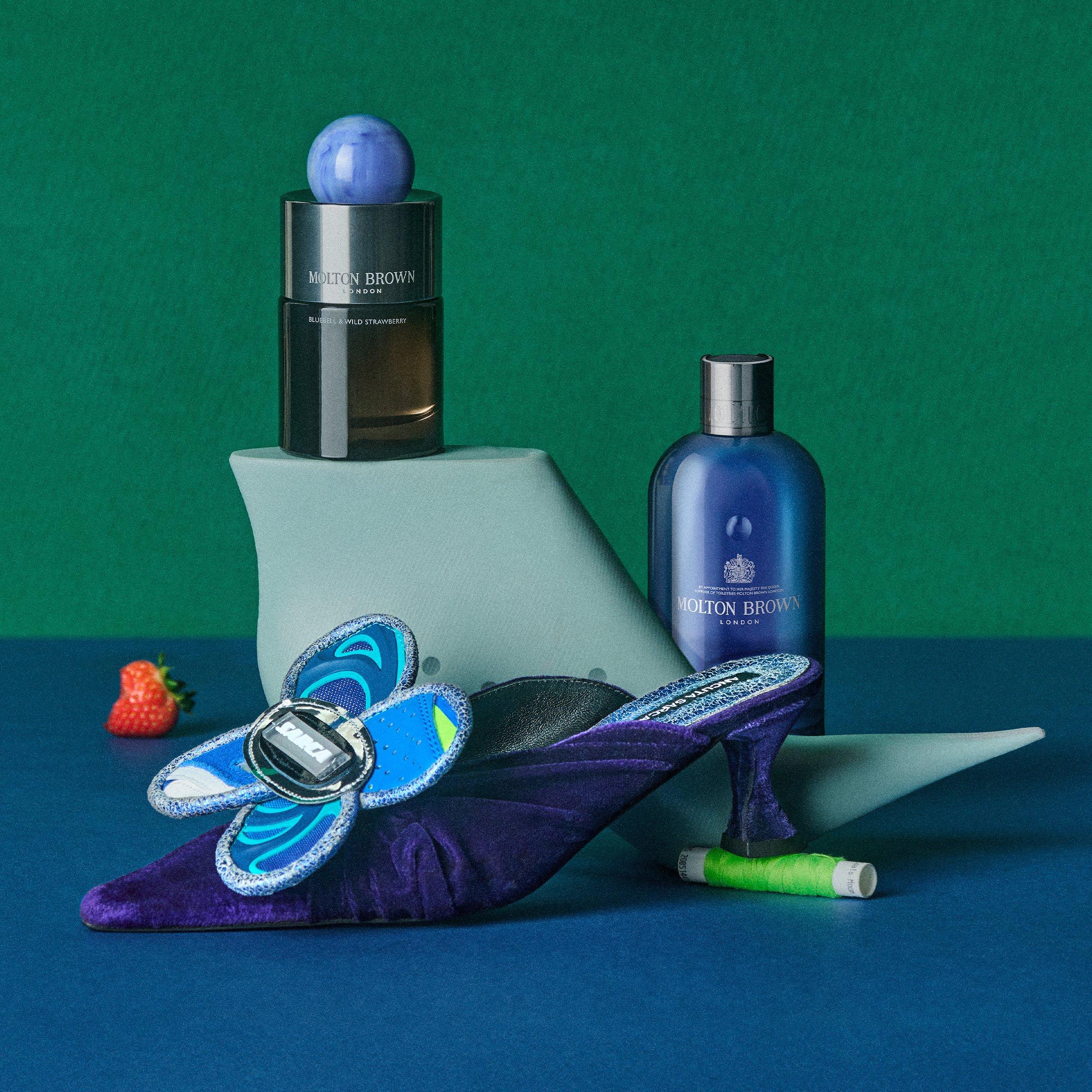 molton brown products sitting on plinths to look like shoes