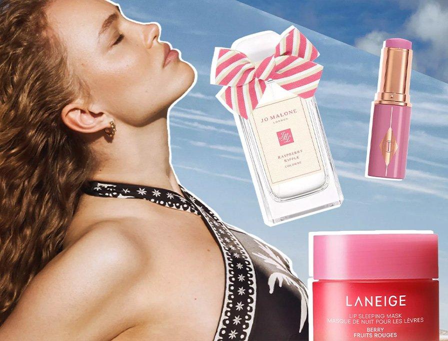 Selection of new in beauty products next to a model