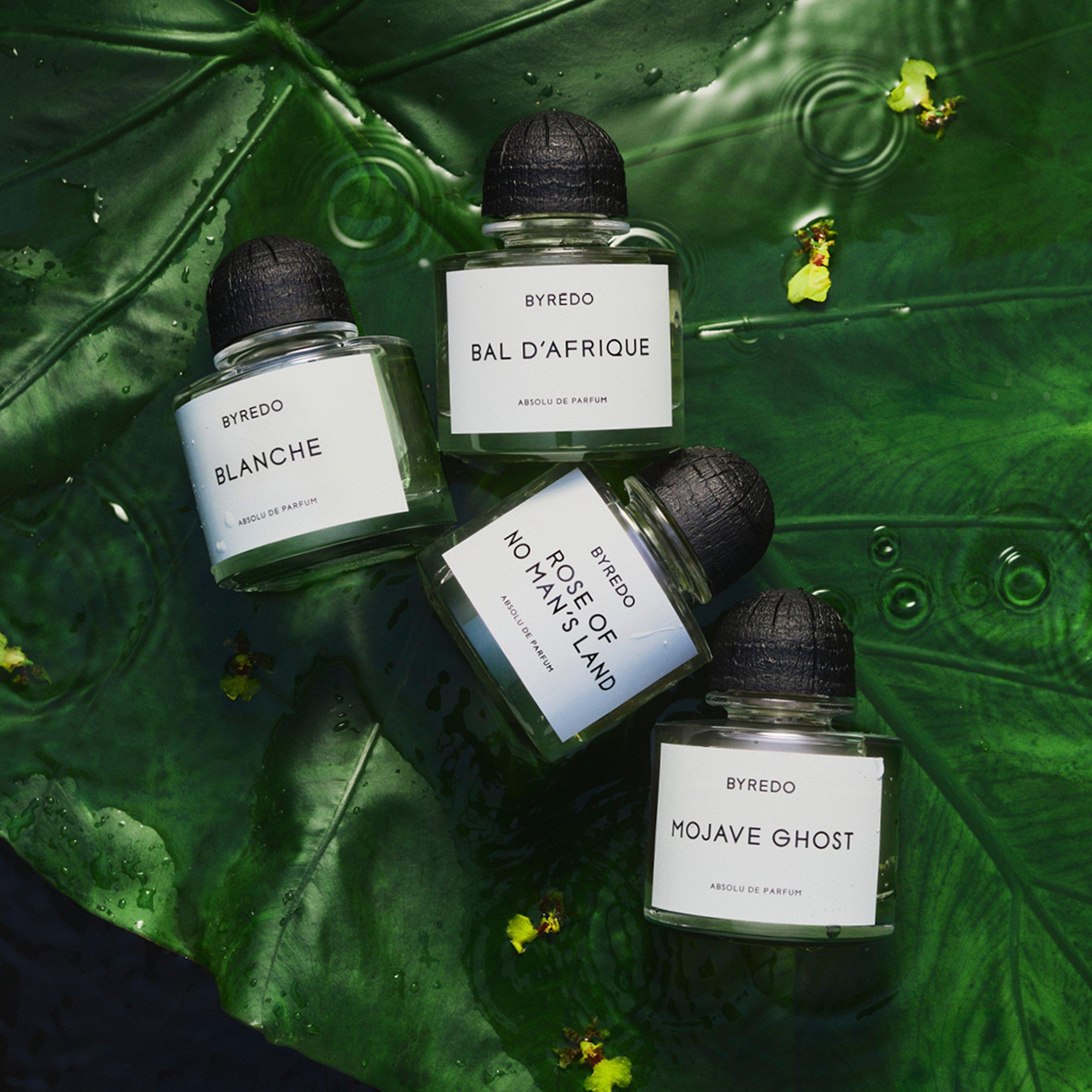Four Byredo fragrances displayed on a large leaf