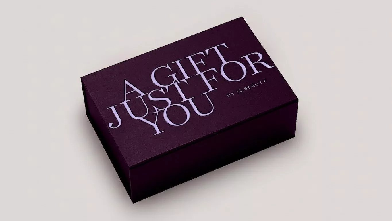 Purple My JL Beauty gift box with “A GIFT JUST FOR YOU” text, luxury packaging on a neutral background