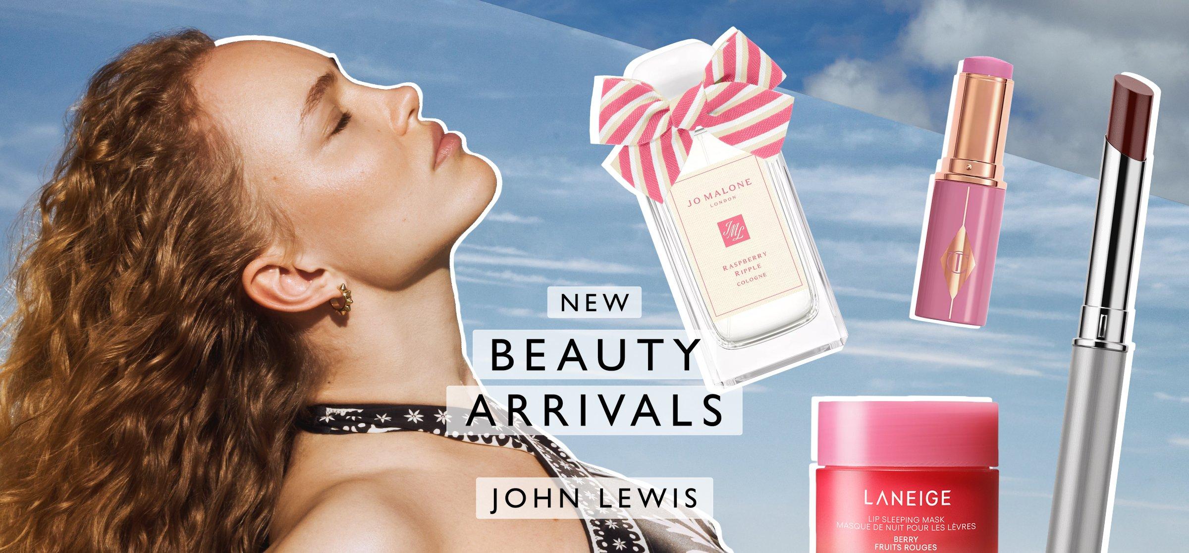 A collage of women and new in beauty products with a beach background