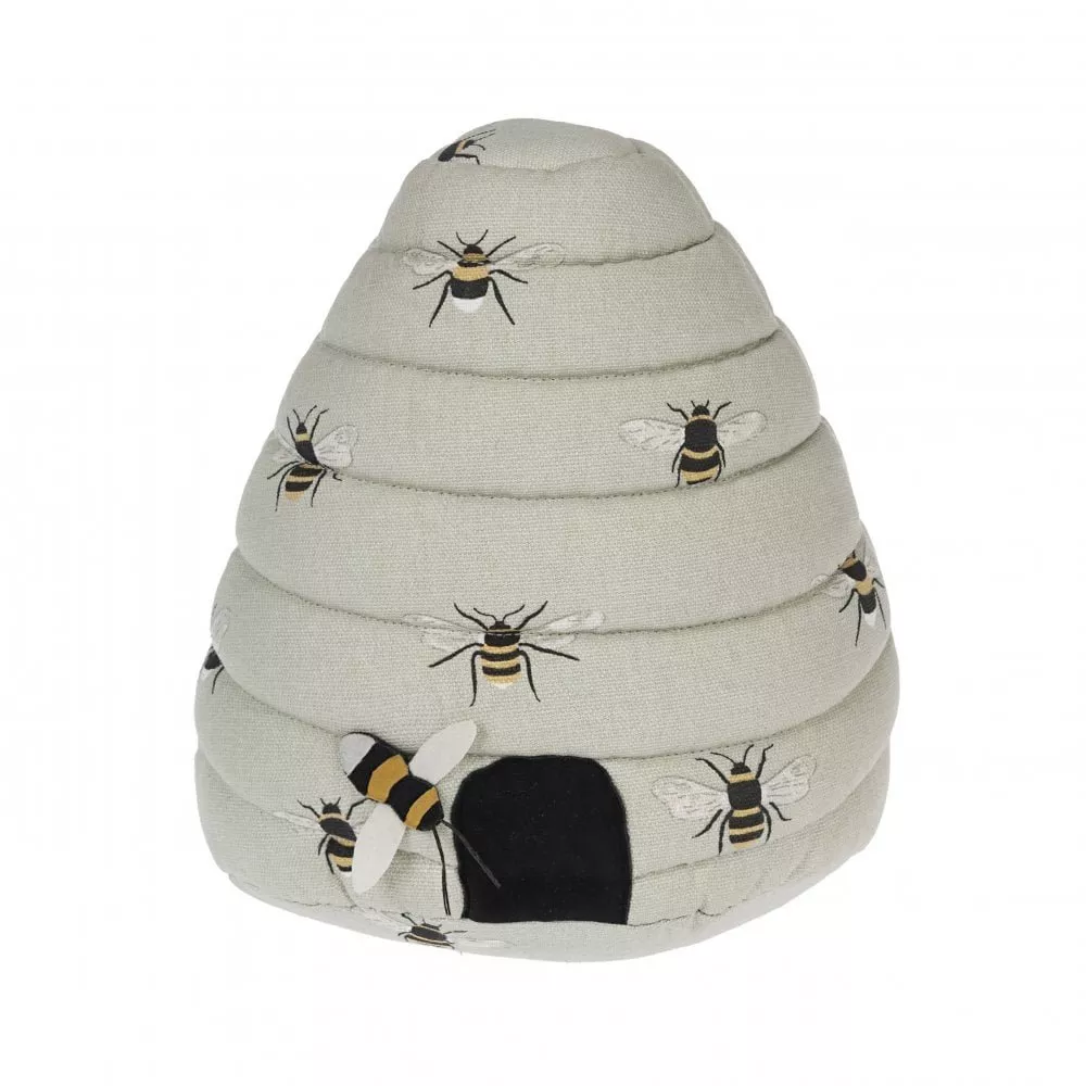 Beehive-shaped fabric doorstop with embroidered bumblebees and black entrance, country home décor accessory