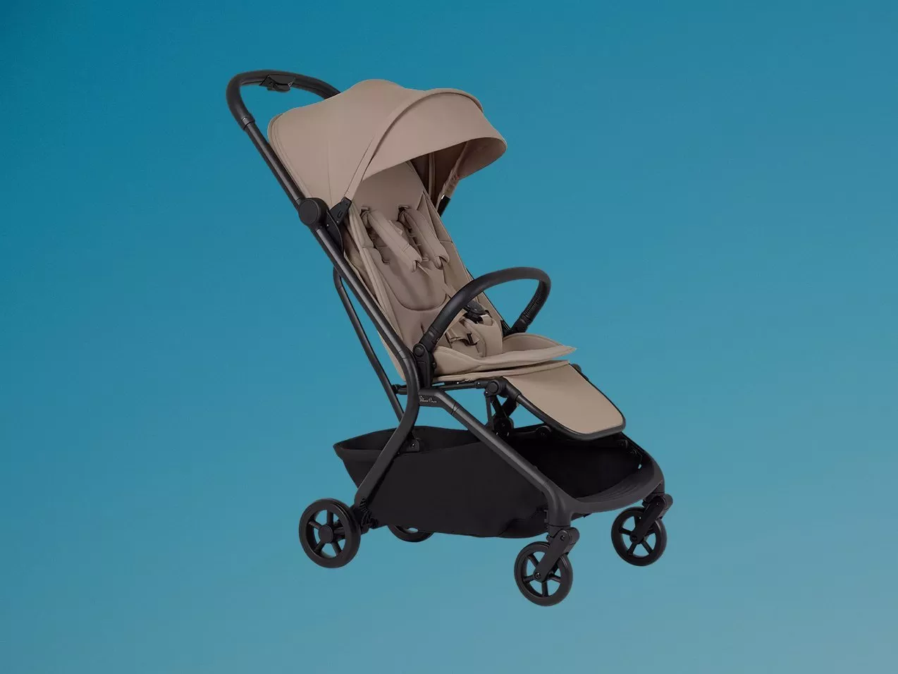 Beige lightweight baby pushchair with sun canopy, reclining seat, safety bar and underseat storage basket