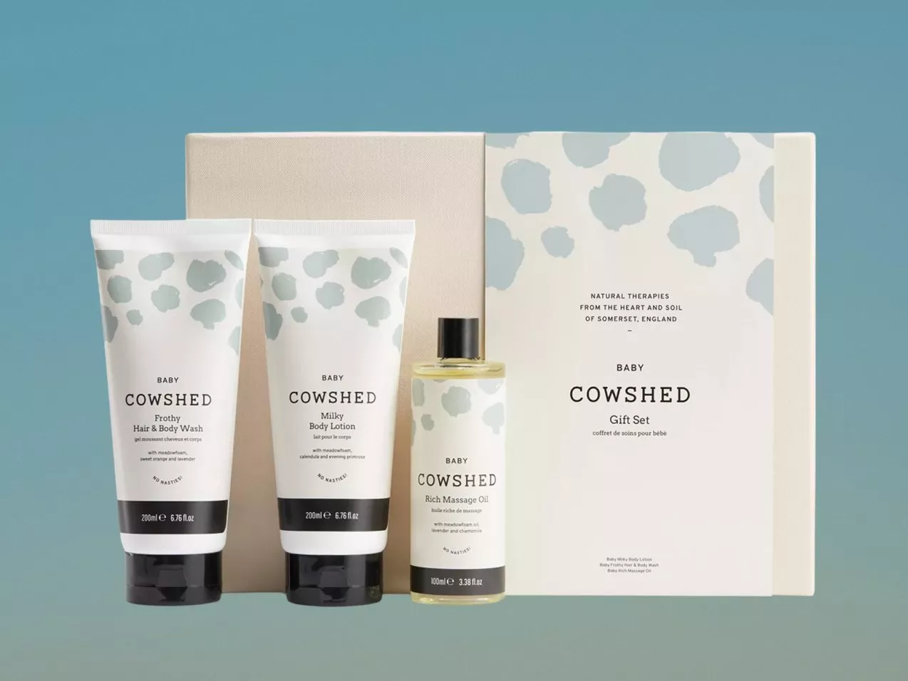 Cowshed Baby gift set with hair and body wash, body lotion and massage oil, boxed skincare trio for babies