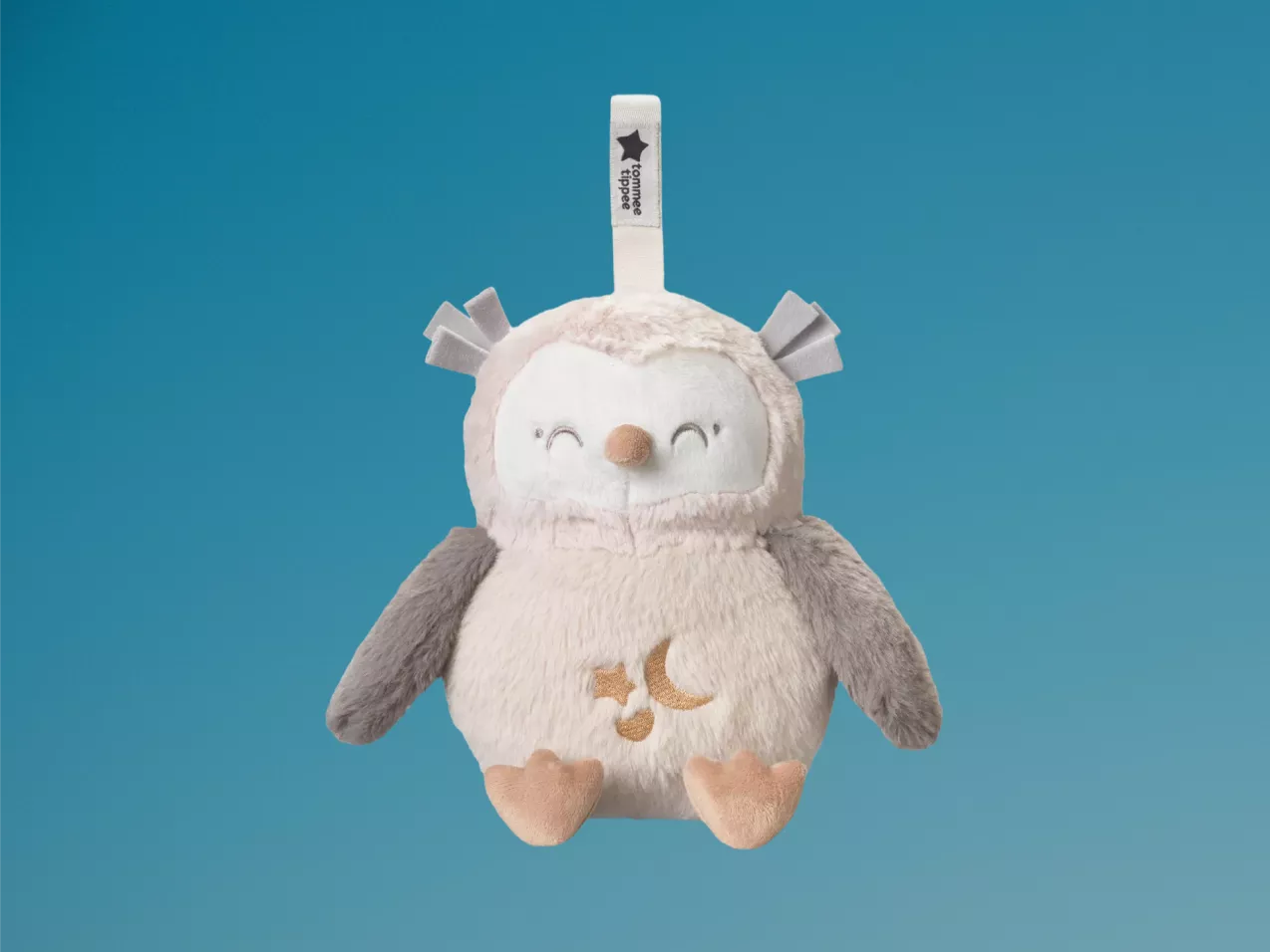Soft plush owl baby comforter toy with hanging loop, grey and cream, embroidered moon and stars design