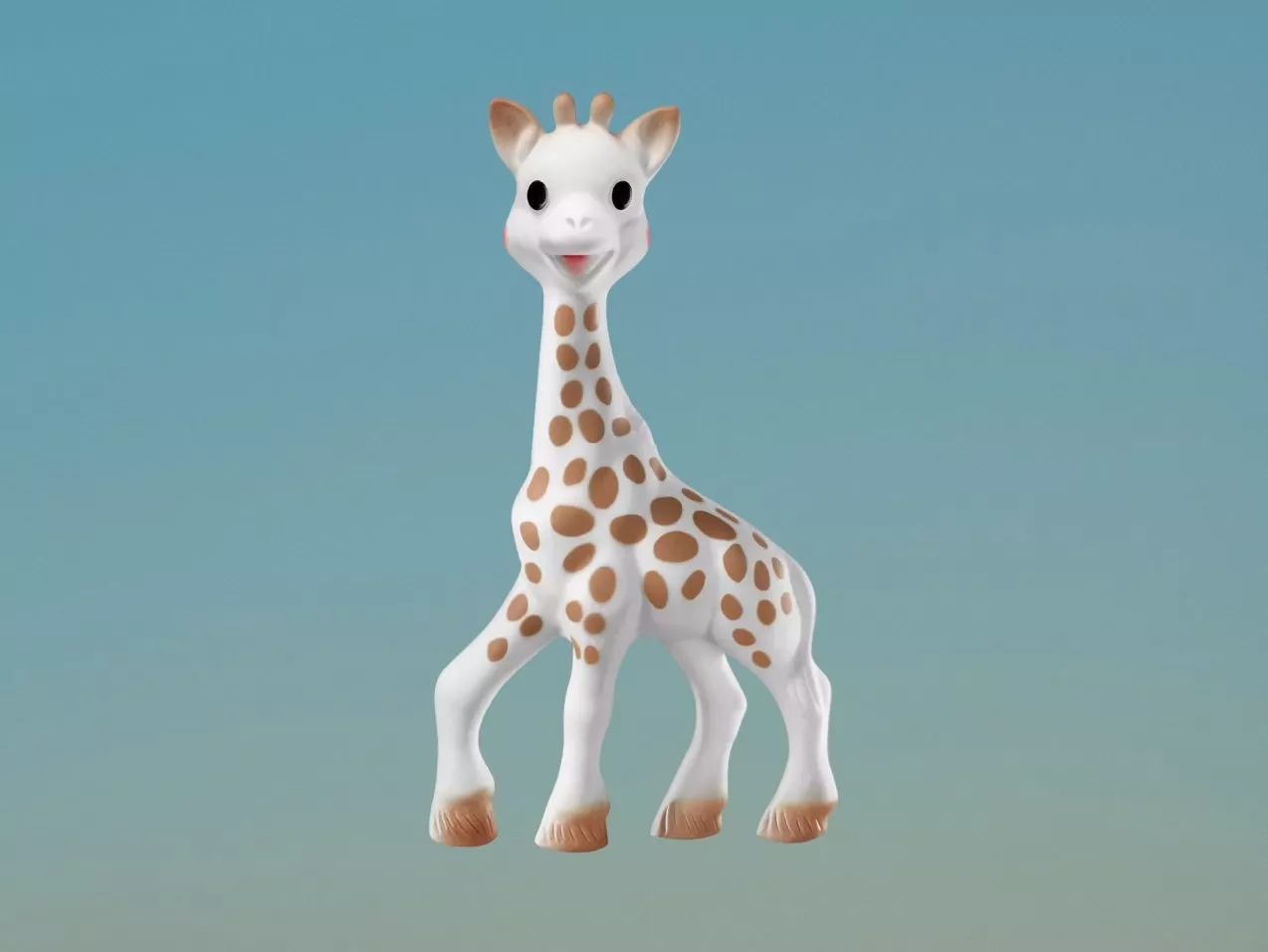 Baby teething giraffe  toy with brown spots, soft rubber texture, standing on a white background
