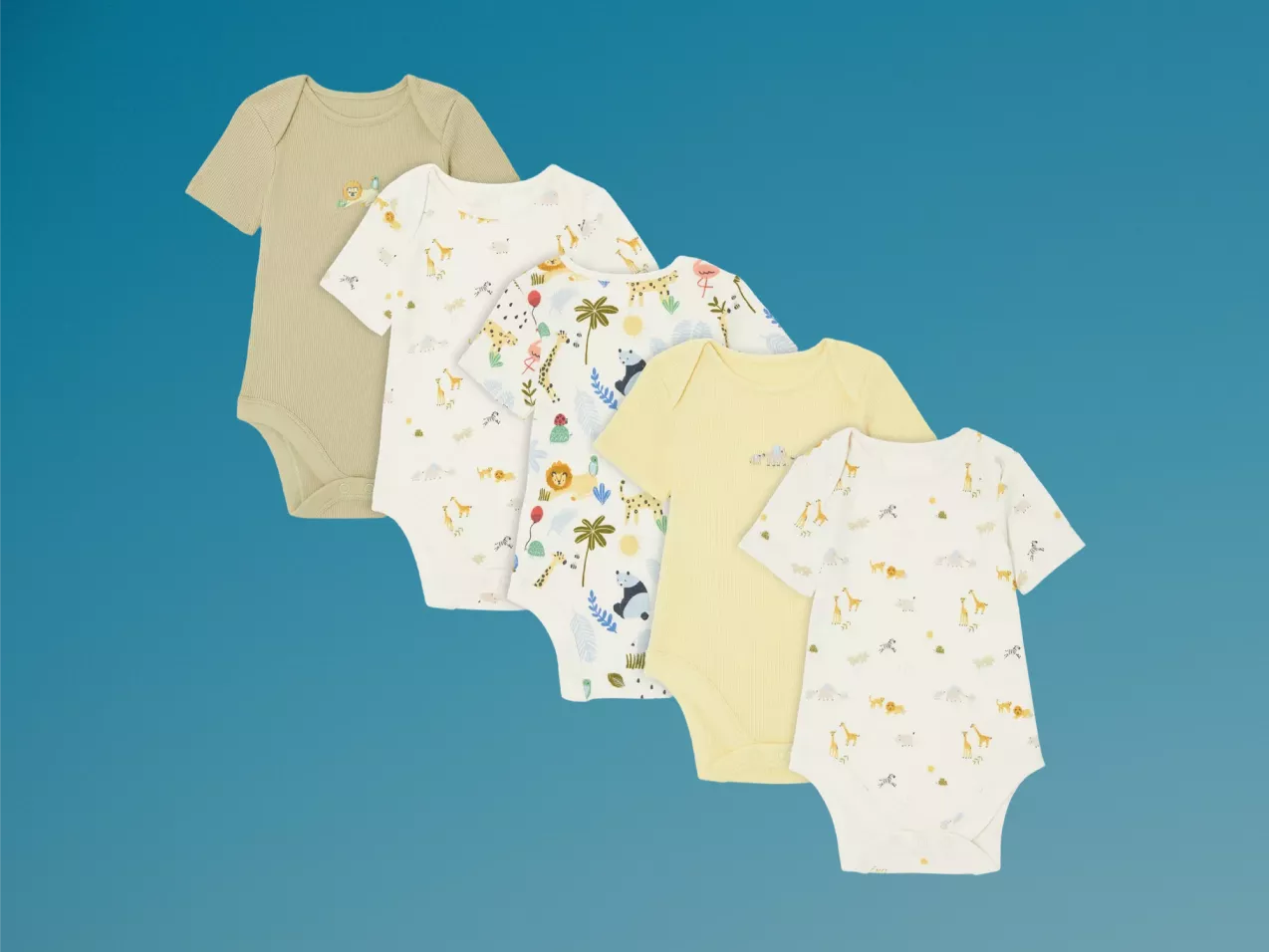 Set of five short-sleeve baby bodysuits in beige, yellow and safari animal prints on a white background