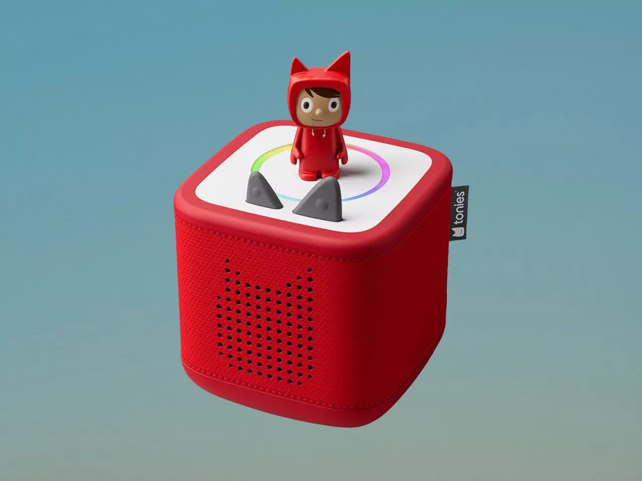 Red Tonies Toniebox audio audio player with a character figurine on top, against a white background