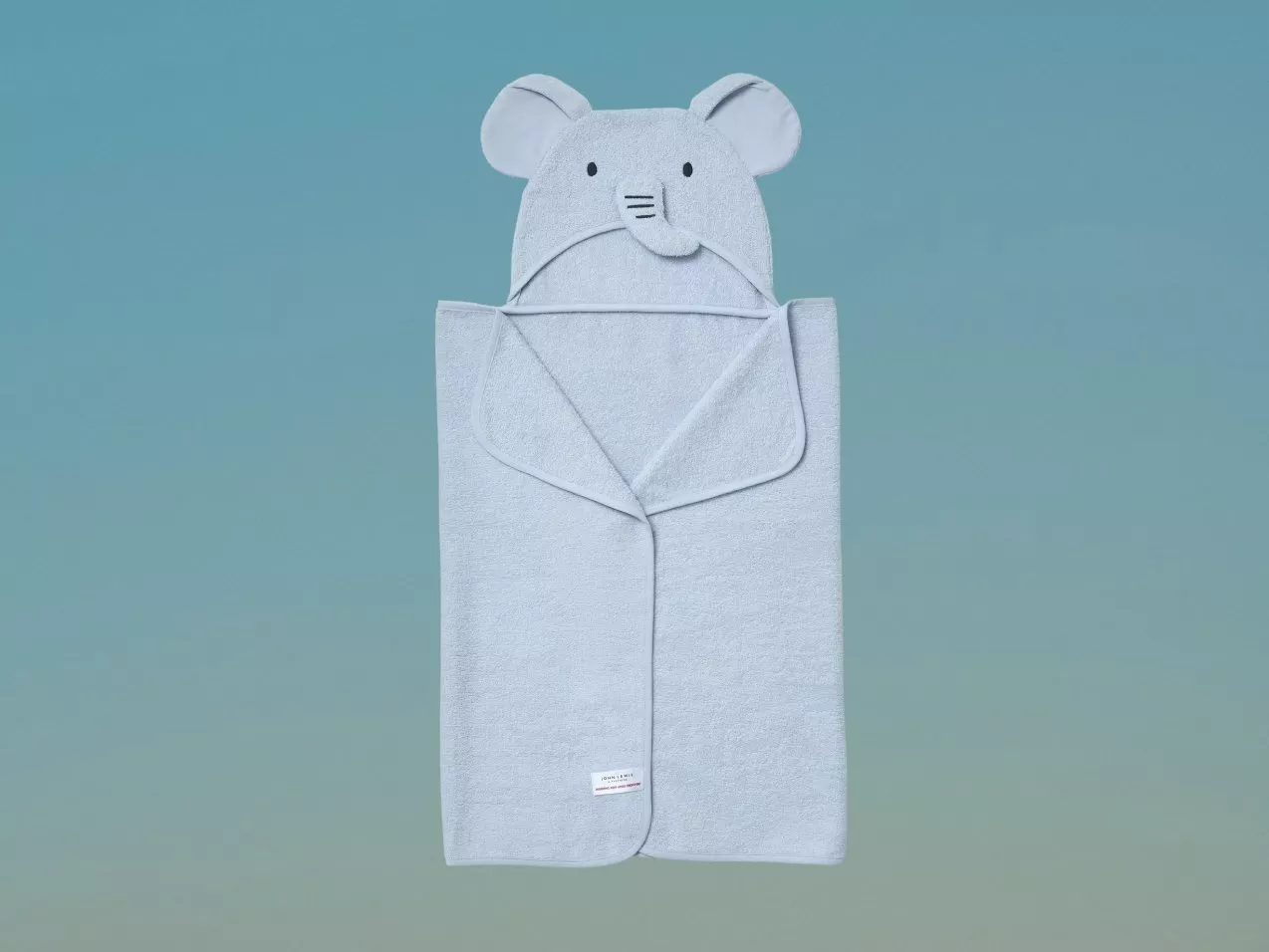 Light blue baby hooded towel wrap with cute elephant ears and face, soft absorbent bath cape for newborns