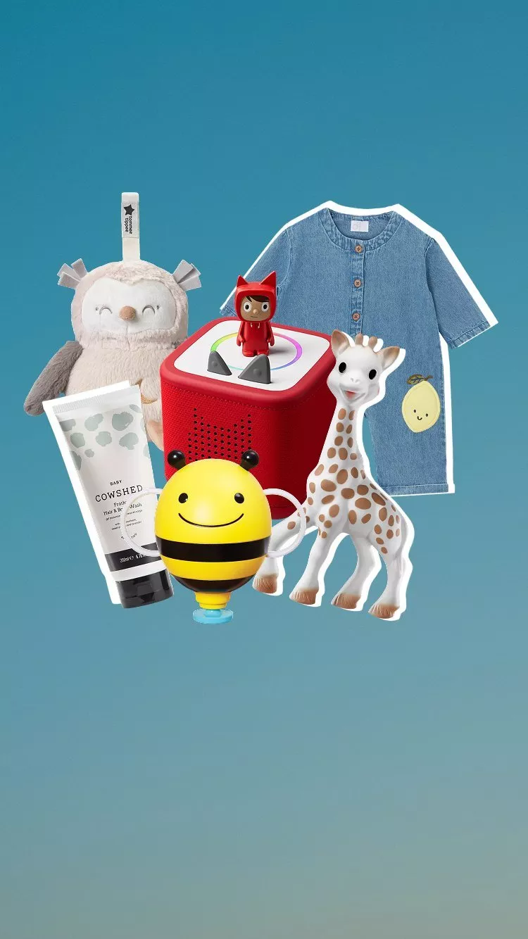 Soft owl toy, giraffe teether, bee toy, skincare tube, red music box and denim romper.