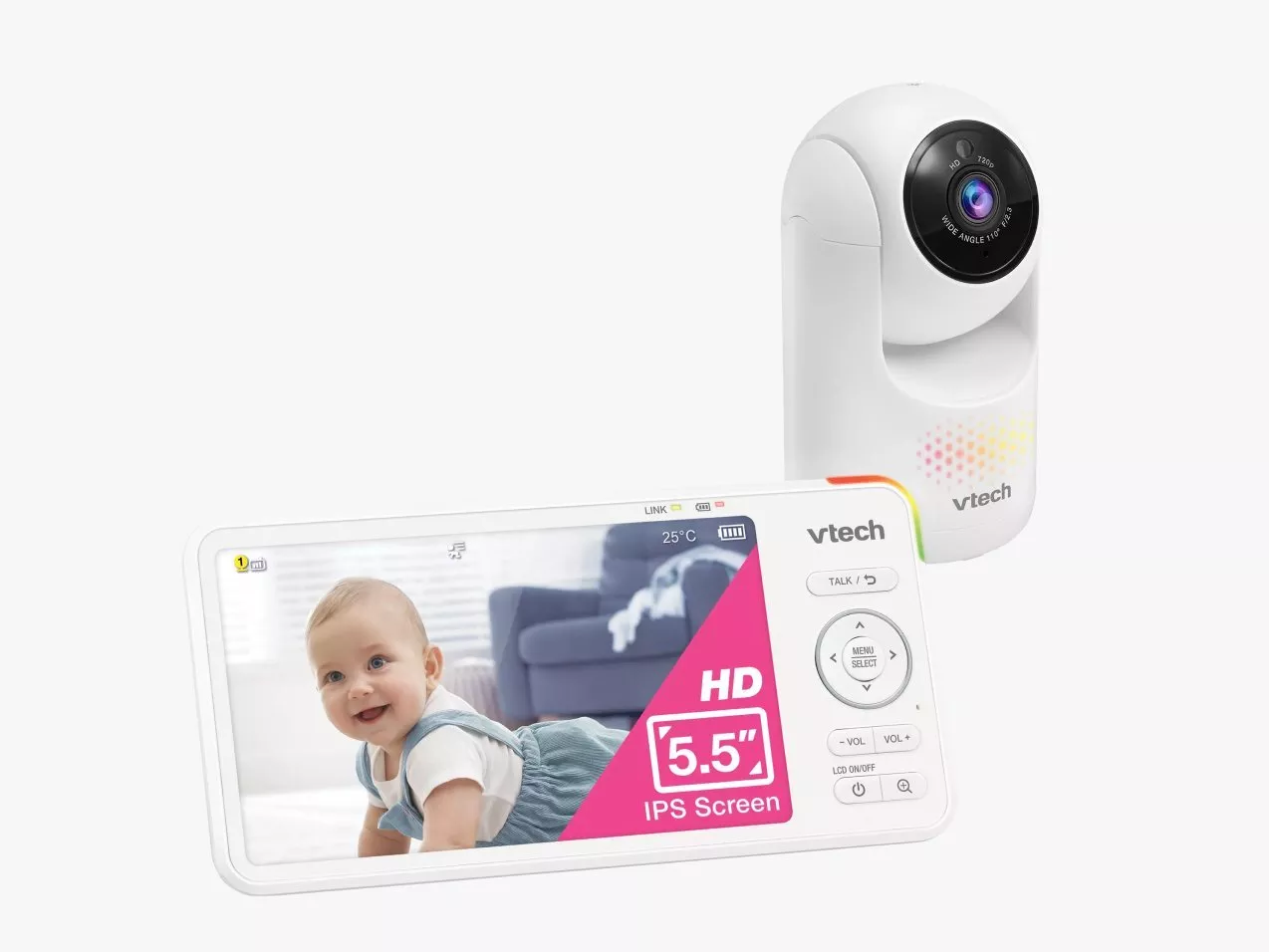 VTech HD 5.5-inch IPS baby monitor with camera unit and handheld screen showing a smiling baby in a nursery