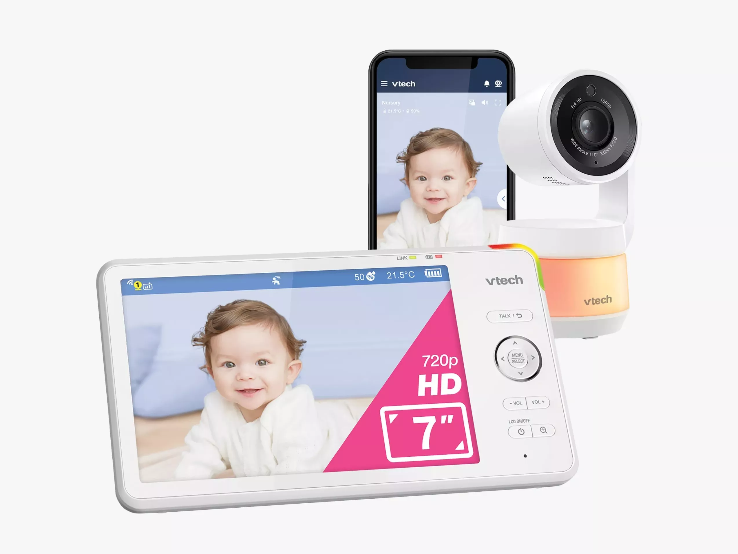 Wireless baby monitor camera and handheld screen showing sleeping infant in cot, home nursery security device