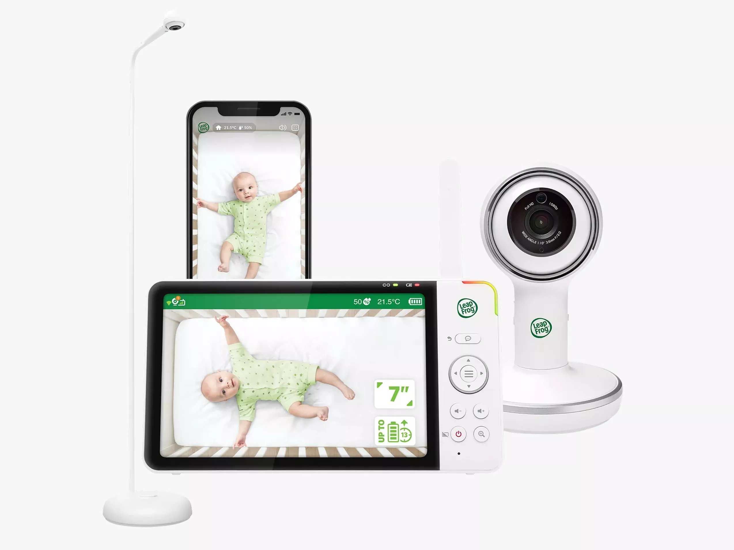 LeapFrog baby monitor with HD camera, 7-inch parent unit and smartphone app showing infant in cot
