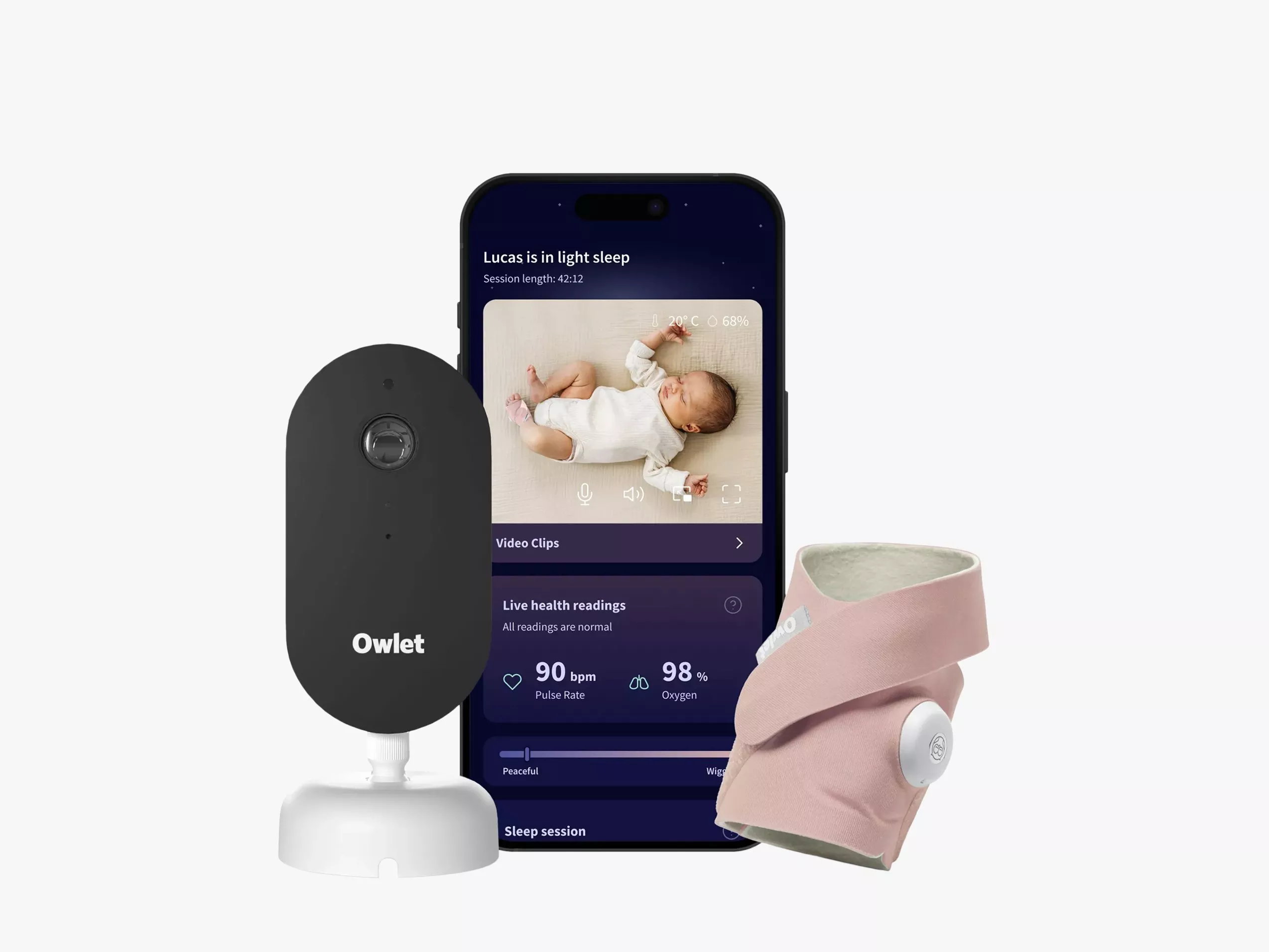 Owlet baby monitor and smart sock with app showing infant sleep tracking, pulse rate and oxygen readings