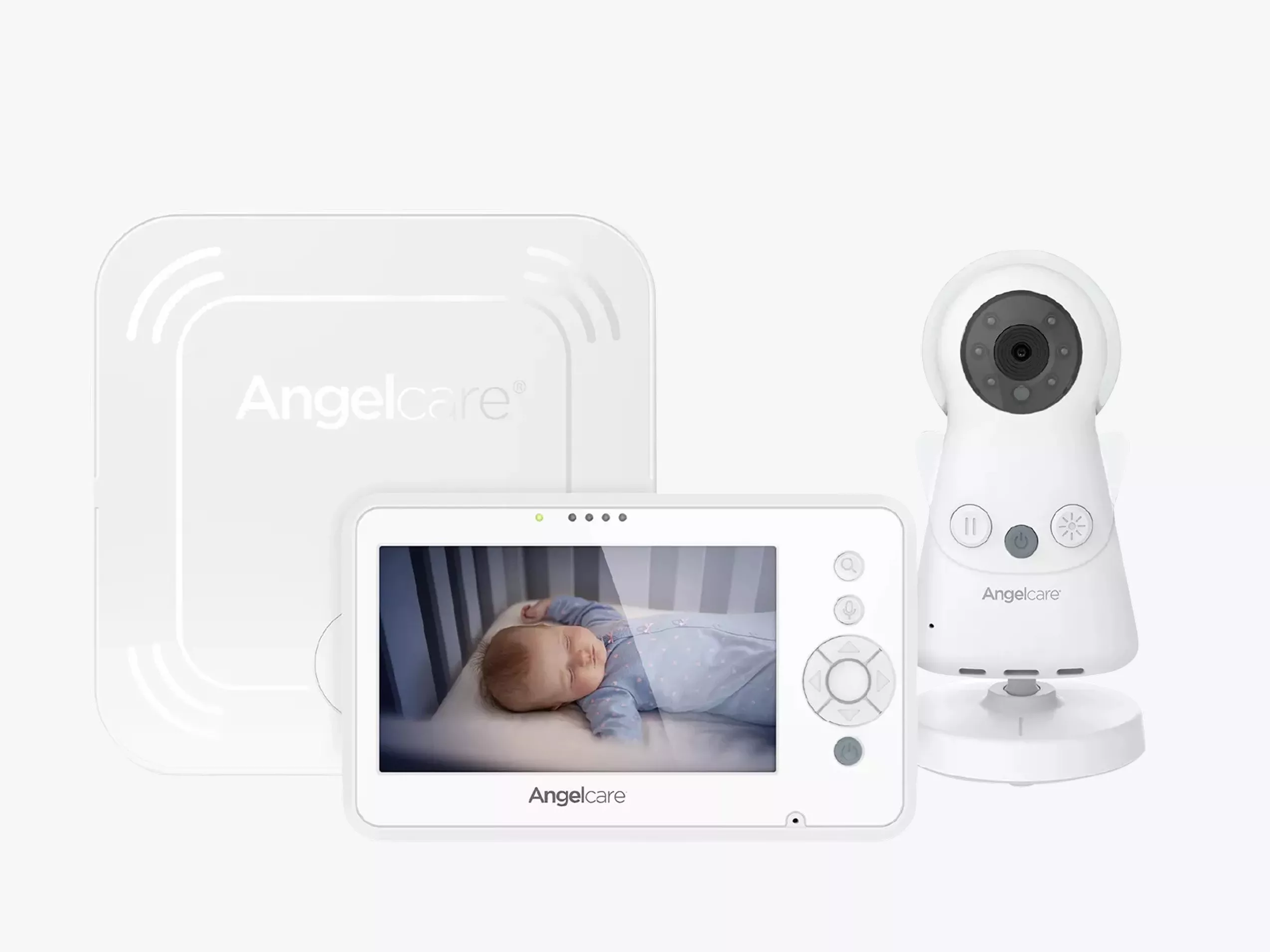 Angelcare baby monitor set with video camera, parent screen and sensor mat, showing sleeping baby in cot