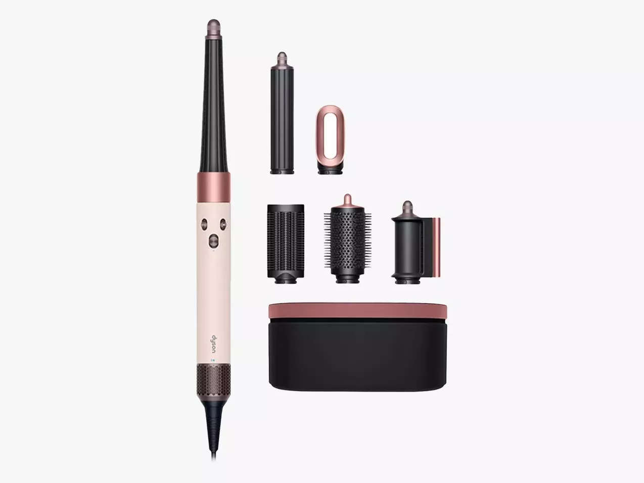 Multi-styler with various attachments, including barrels and brushes, in pink and black, with a storage case.