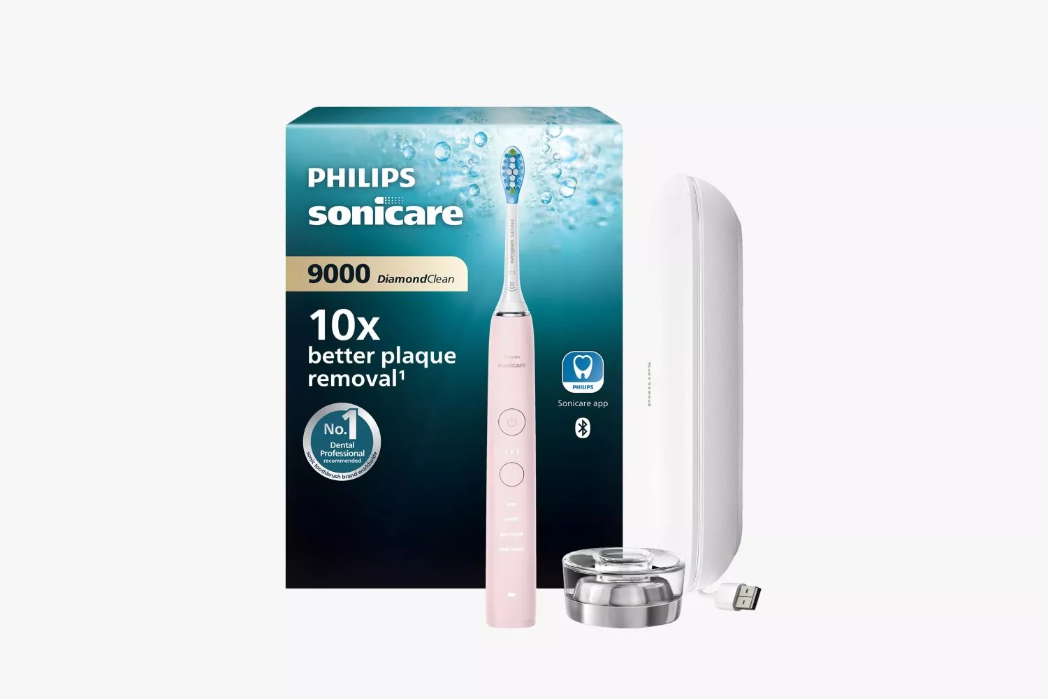 Philips Sonicare 9000 DiamondClean toothbrush in pink, with box, charging base, and travel case displayed.
