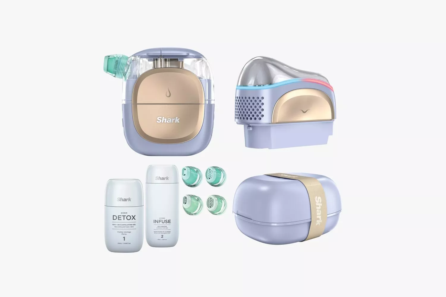 Innovative skincare devices and products including a sleek purifier and serums from Shark, in pastel and neutral tones.