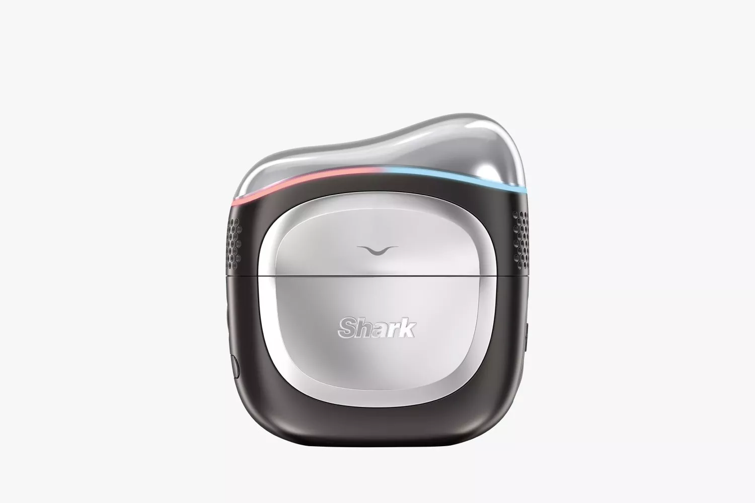 Compact Shark robot vacuum with sleek design, featuring curved edges and dual-coloured accent lines.