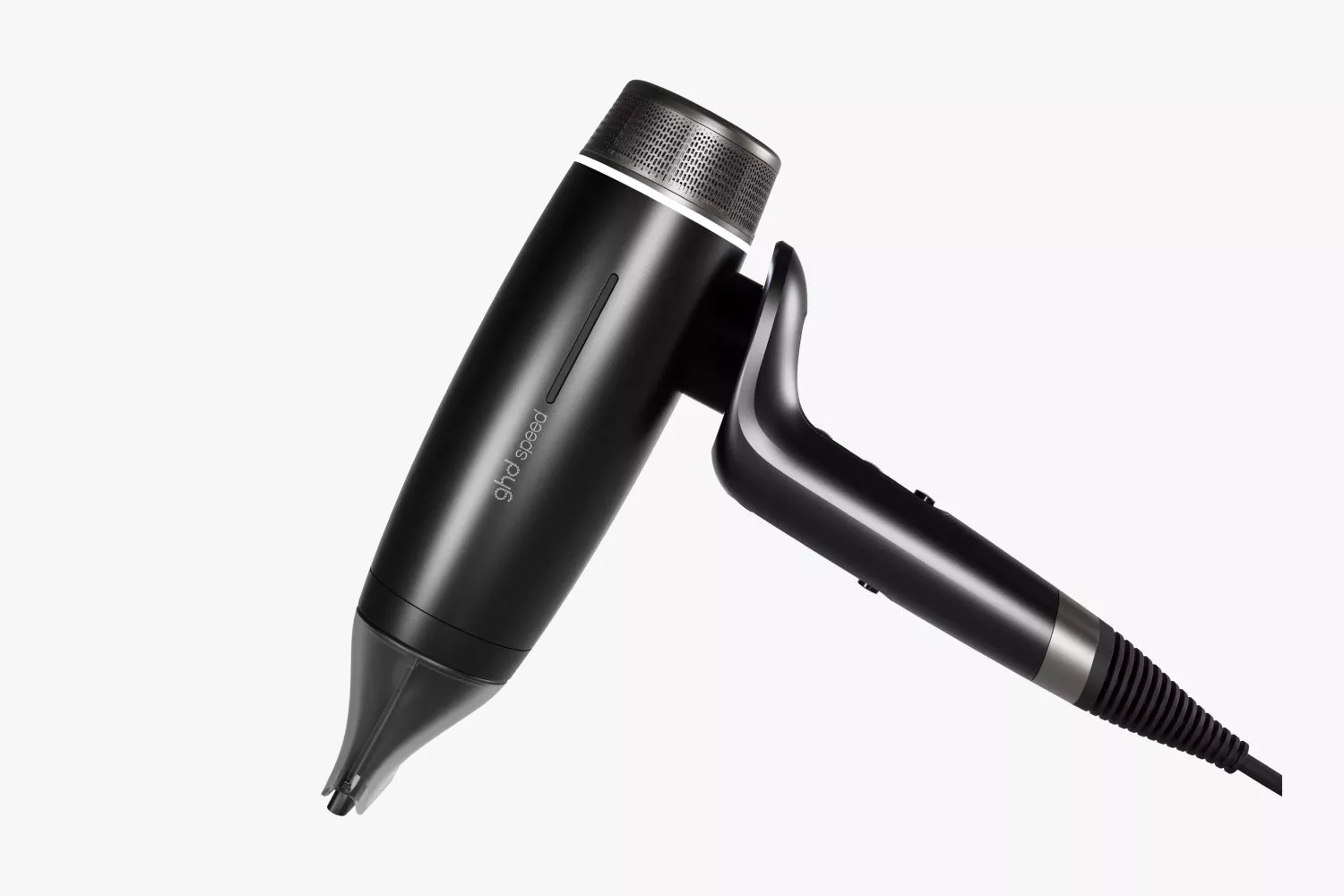 Sleek black hairdryer with ergonomic design, featuring advanced nozzle and modern styling for efficient drying.