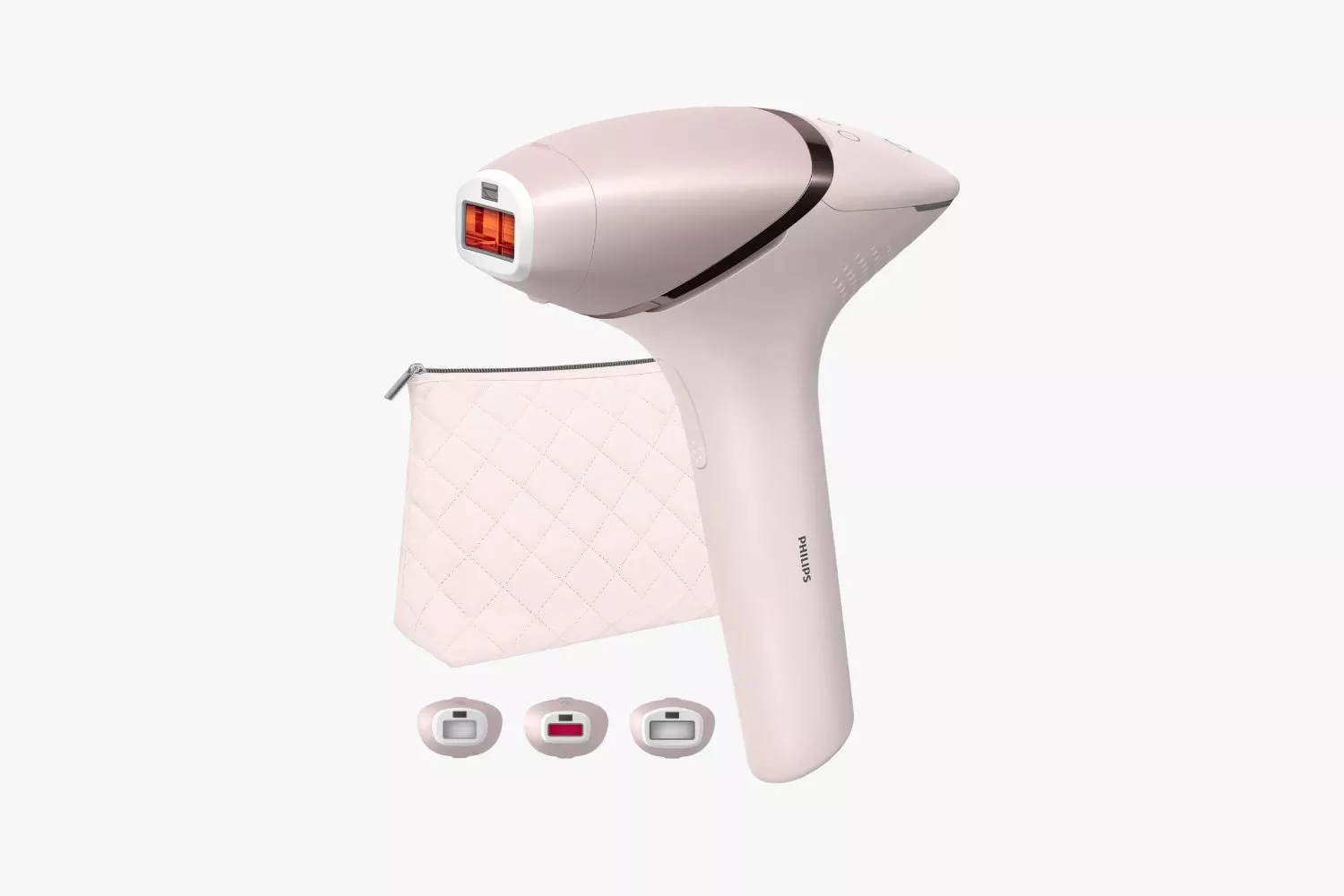 Pink Philips IPL hair removal device with attachments and quilted storage pouch on a white background.